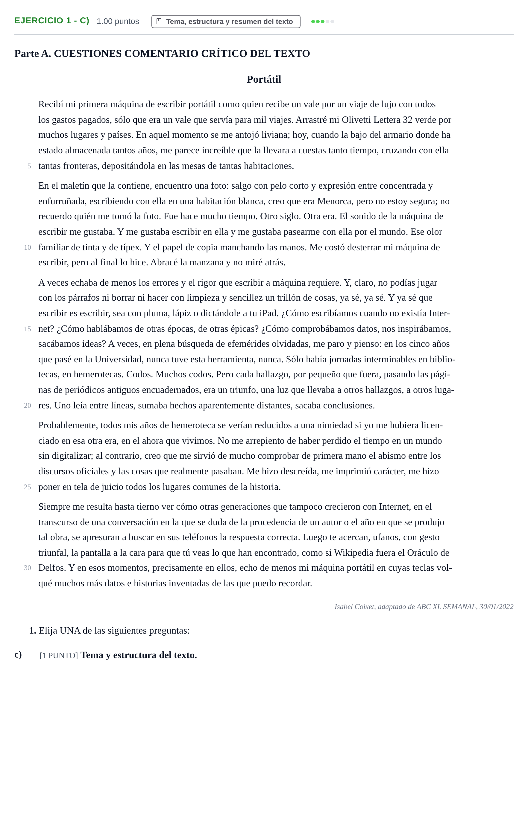 Enunciado: Ejercicio 1 - c) · Lengua Castellana y Literatura II PAU Cantabria Extraordinaria 2022