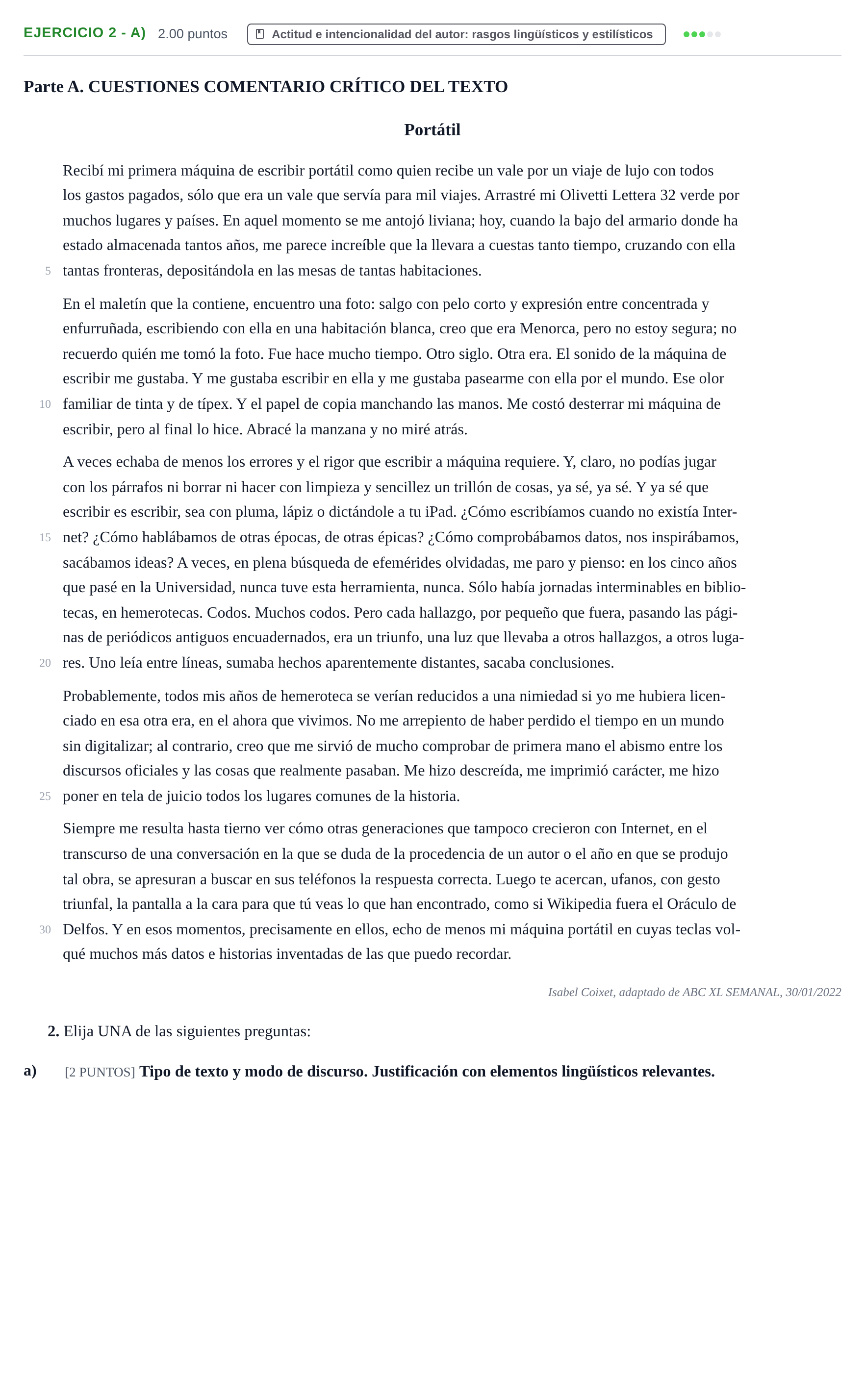 Enunciado: Ejercicio 2 - a) · Lengua Castellana y Literatura II PAU Cantabria Extraordinaria 2022