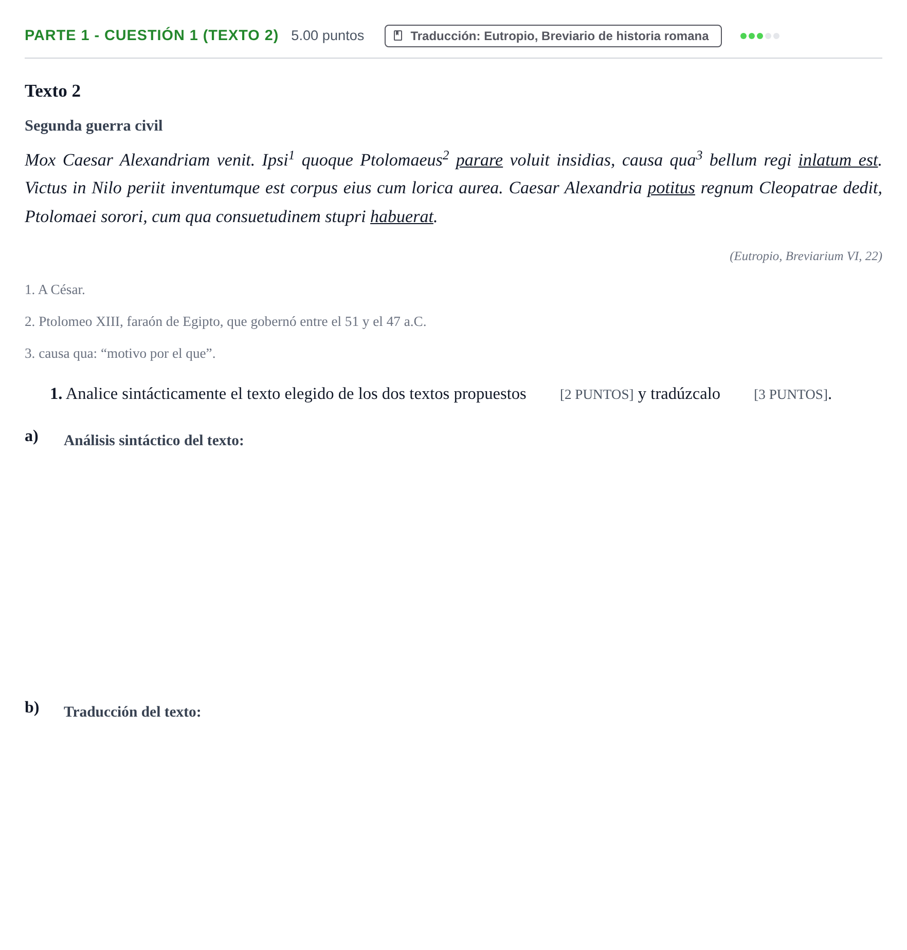 Enunciado: Ejercicio Parte 1 - Cuestión 1 (Texto 2) · Latín II PAU Cantabria Ordinaria 2022