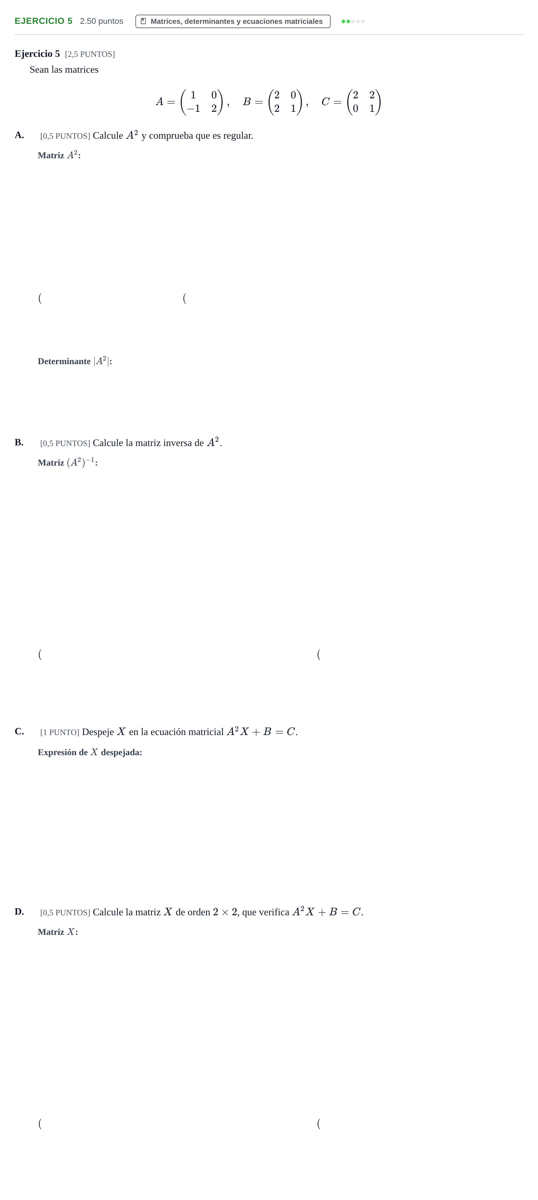 Enunciado: Ejercicio 5 · Matemáticas II PAU Cantabria Extraordinaria 2022