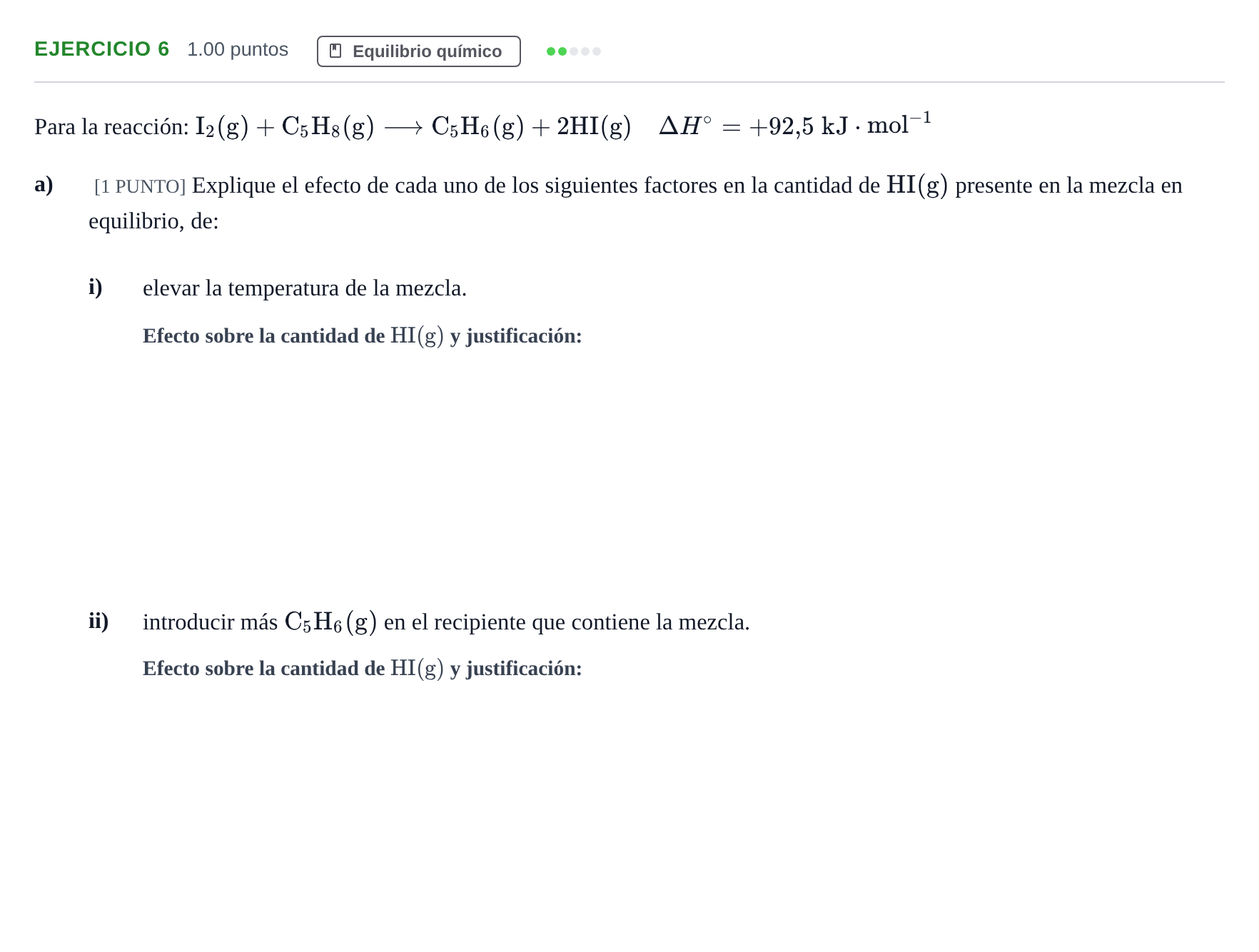 Enunciado: Ejercicio 6 - Equilibrio químico · Química PAU Cantabria Ordinaria 2022