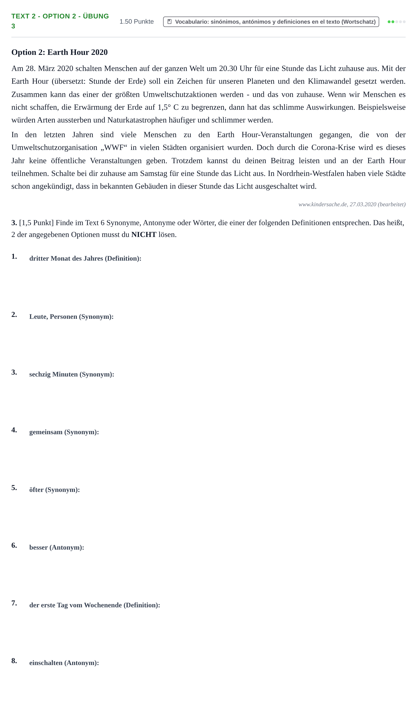 Enunciado: Ejercicio Text 2 - Option 2 - Übung 3 · Alemán PAU Cantabria Extraordinaria 2021