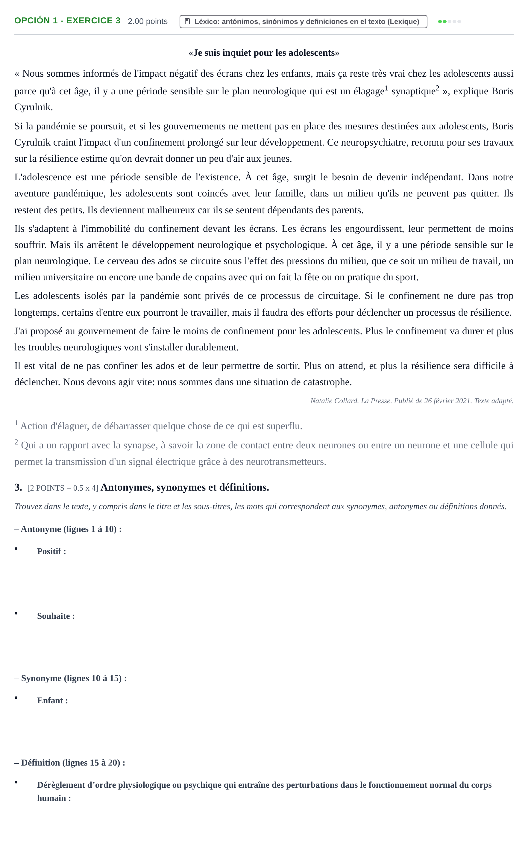 Enunciado: Opción 1 - Exercice 3 · Francés PAU Cantabria Extraordinaria 2021