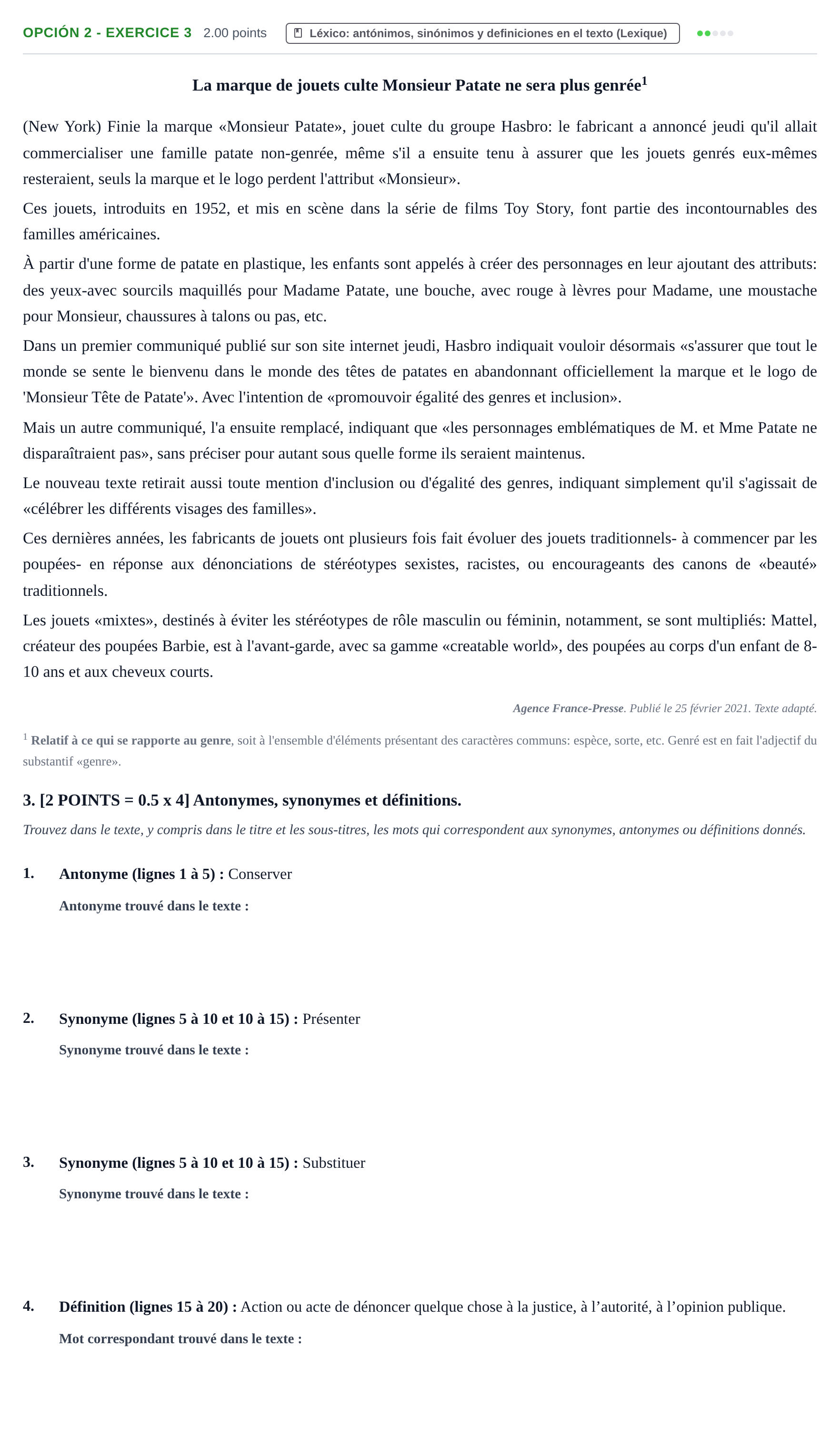 Enunciado: Opción 2 - Exercice 3 · Francés PAU Cantabria Extraordinaria 2021