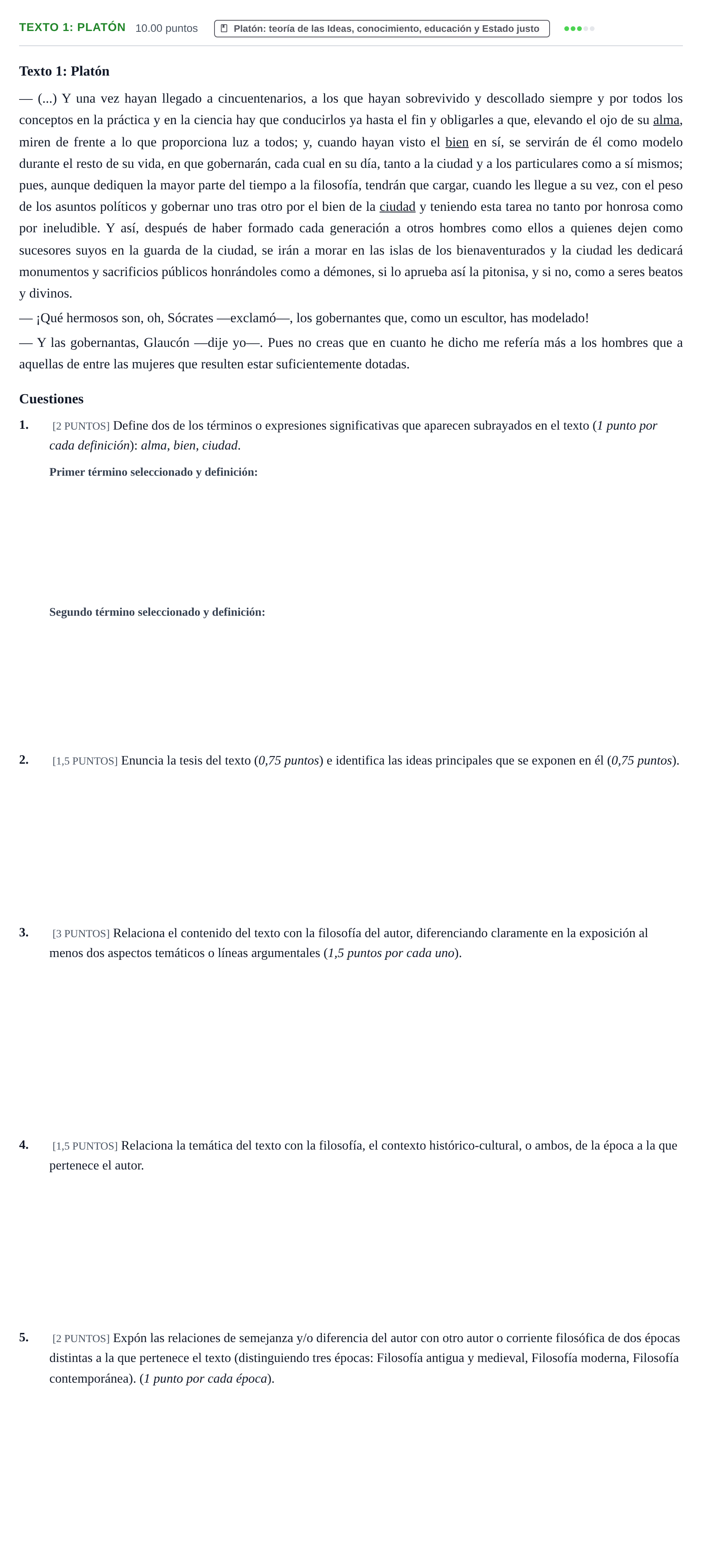 Enunciado: Ejercicio Texto 1: Platón · Historia de la Filosofía PAU Cantabria Extraordinaria 2021