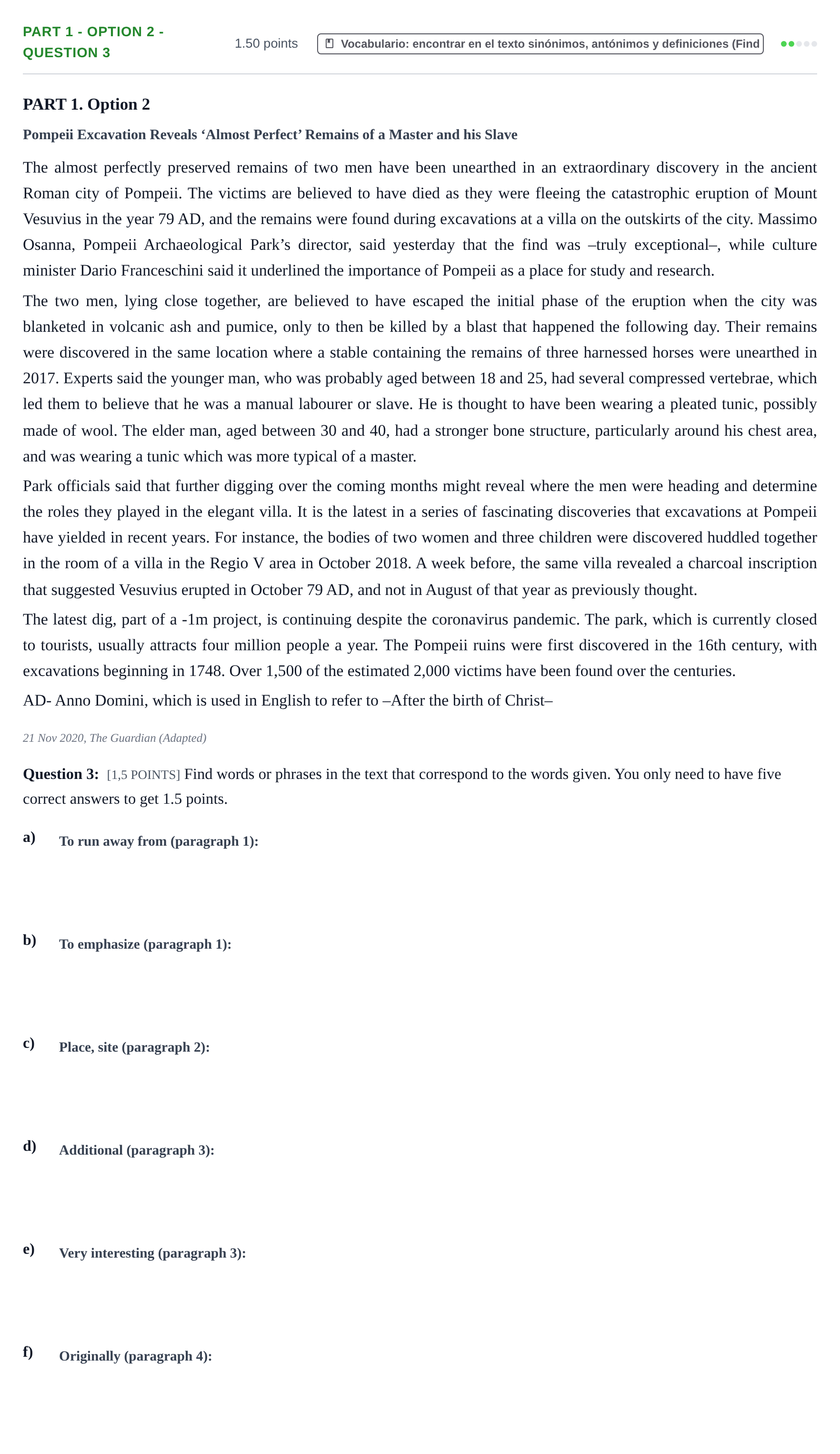 Enunciado: Part 1 - Option 2 - Question 3 · Inglés PAU Cantabria Extraordinaria 2021