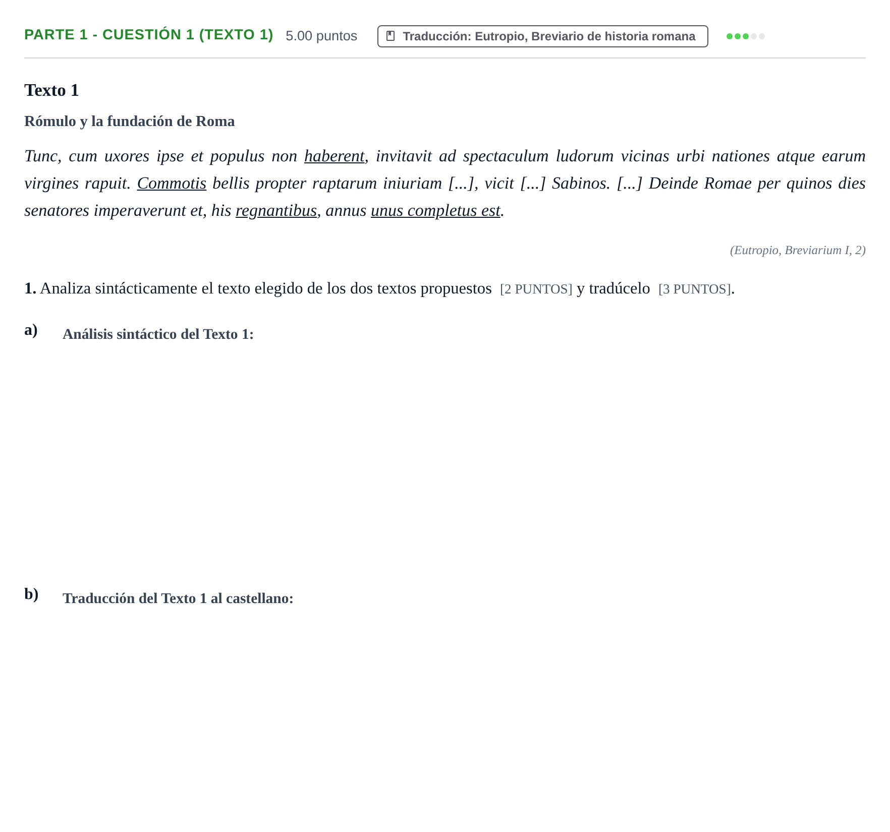 Enunciado: Ejercicio Parte 1 - Cuestión 1 (Texto 1) · Latín II PAU Cantabria Ordinaria 2021