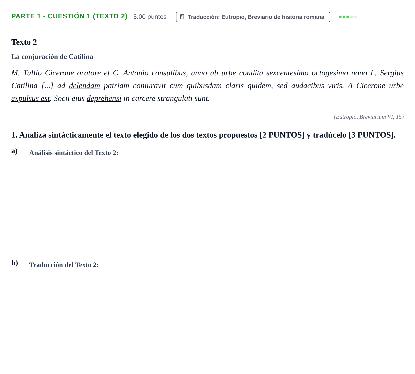 Enunciado: Ejercicio Parte 1 - Cuestión 1 (Texto 2) · Latín II PAU Cantabria Ordinaria 2021