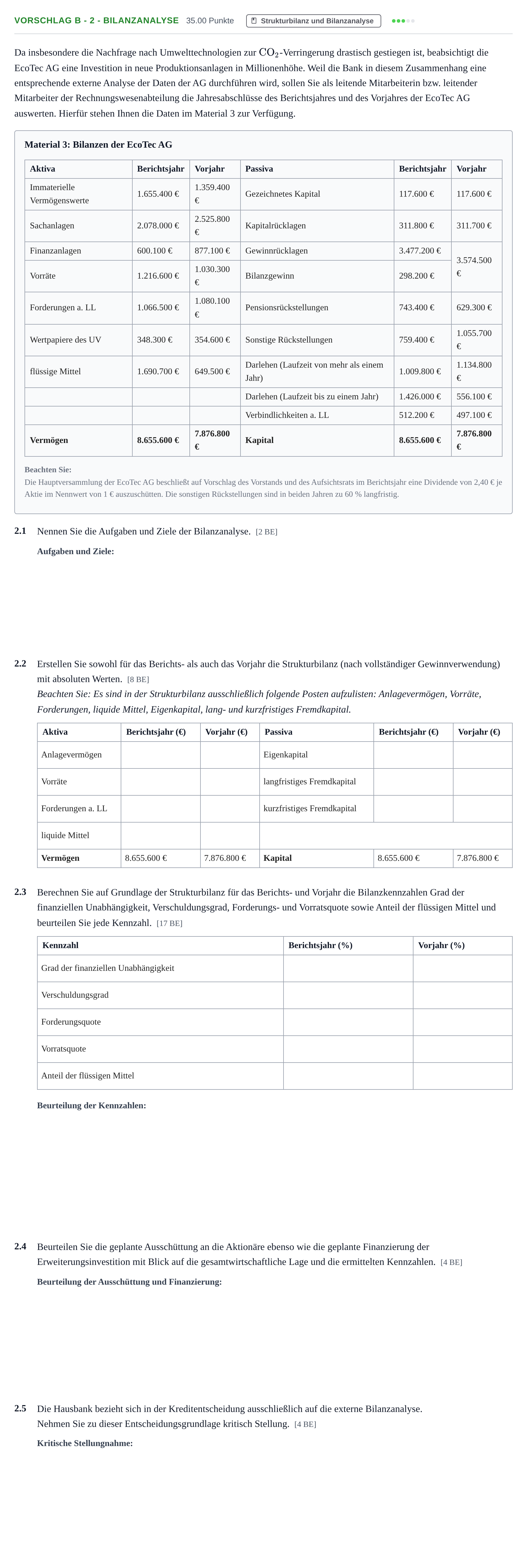 Aufgabenstellung: Aufgabe Vorschlag B - 2 - Bilanzanalyse · Abitur Hessen Rechnungswesen GK 2021