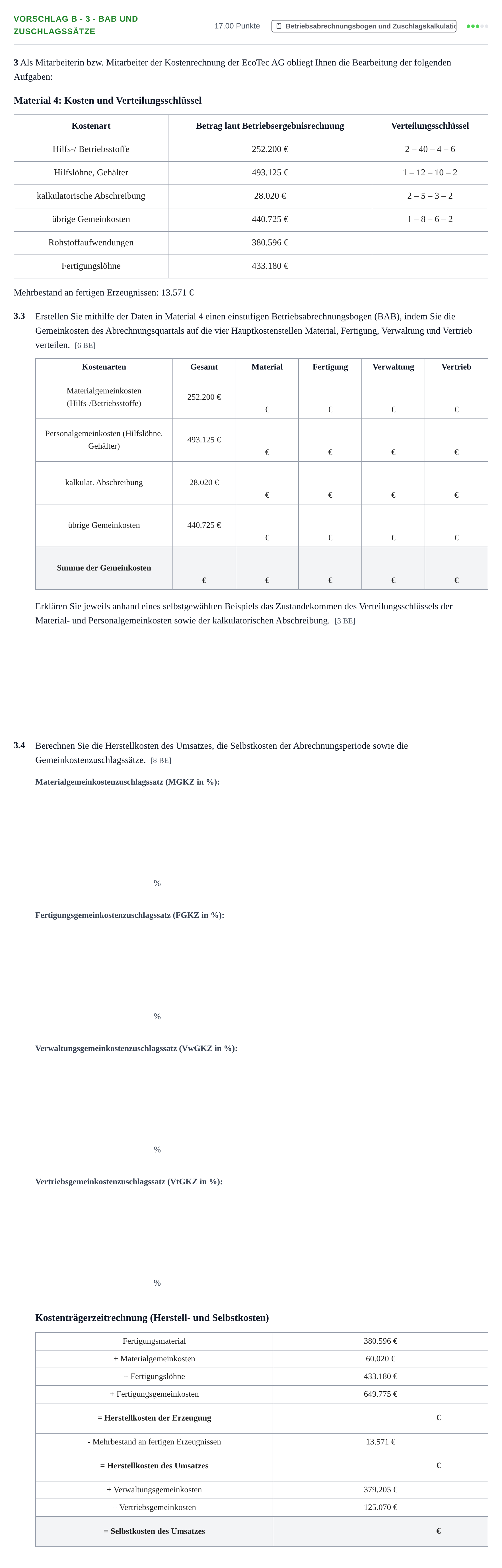 Aufgabenstellung: Aufgabe Vorschlag B - 3 - BAB und Zuschlagssätze · Abitur Hessen Rechnungswesen GK 2021