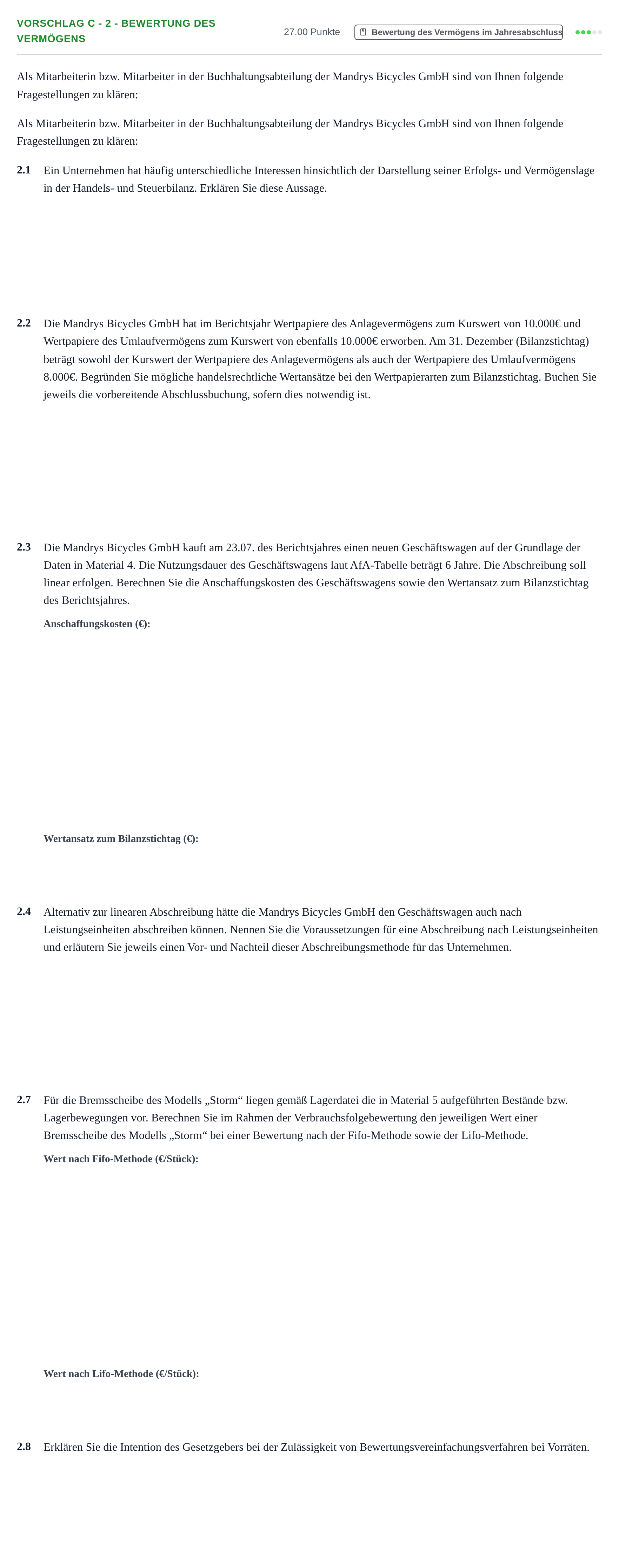 Aufgabenstellung: Aufgabe Vorschlag C - 2 - Bewertung des Vermögens · Abitur Hessen Rechnungswesen GK 2021