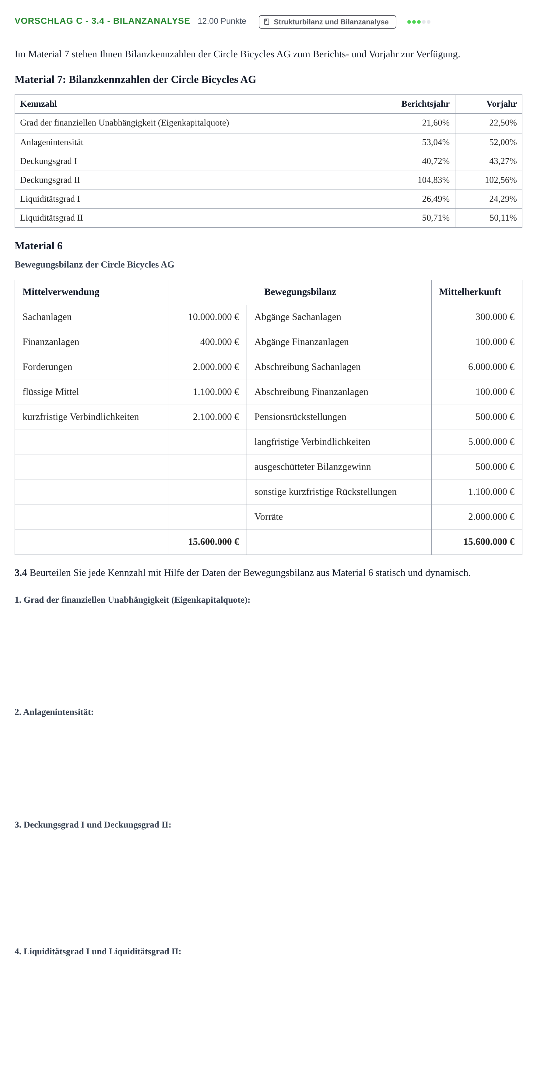 Aufgabenstellung: Aufgabe Vorschlag C - 3.4 - Bilanzanalyse · Abitur Hessen Rechnungswesen GK 2021