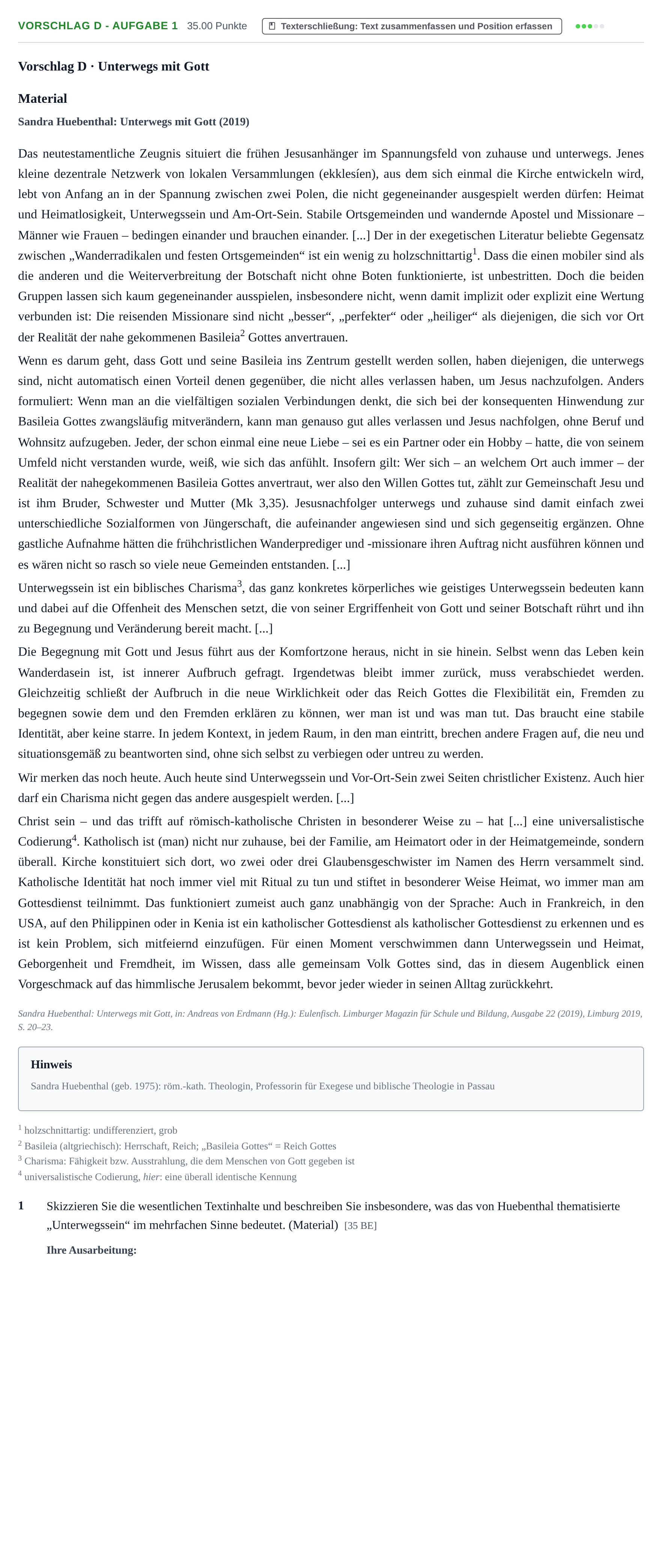 Aufgabenstellung: Aufgabe Vorschlag D - Aufgabe 1 · Abitur Hessen Katholische Religion GK 2021
