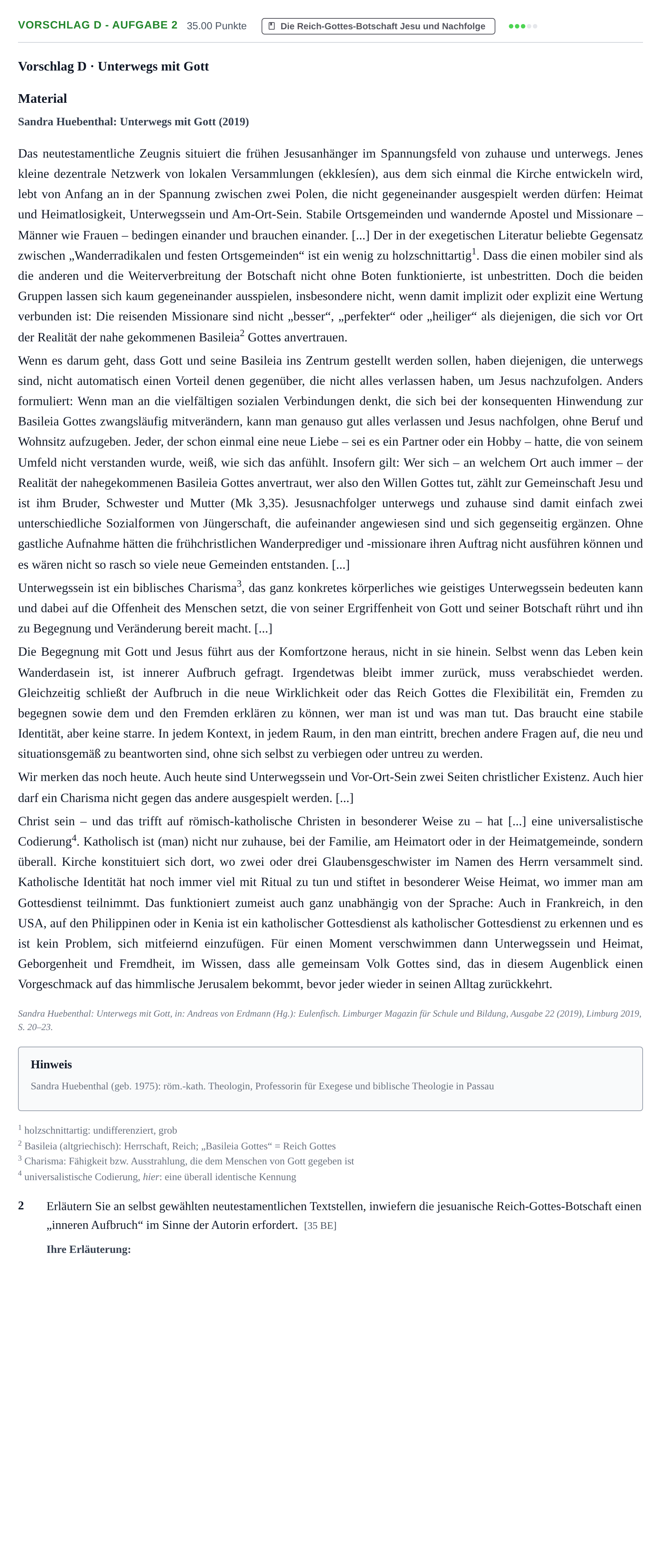 Aufgabenstellung: Aufgabe Vorschlag D - Aufgabe 2 · Abitur Hessen Katholische Religion GK 2021
