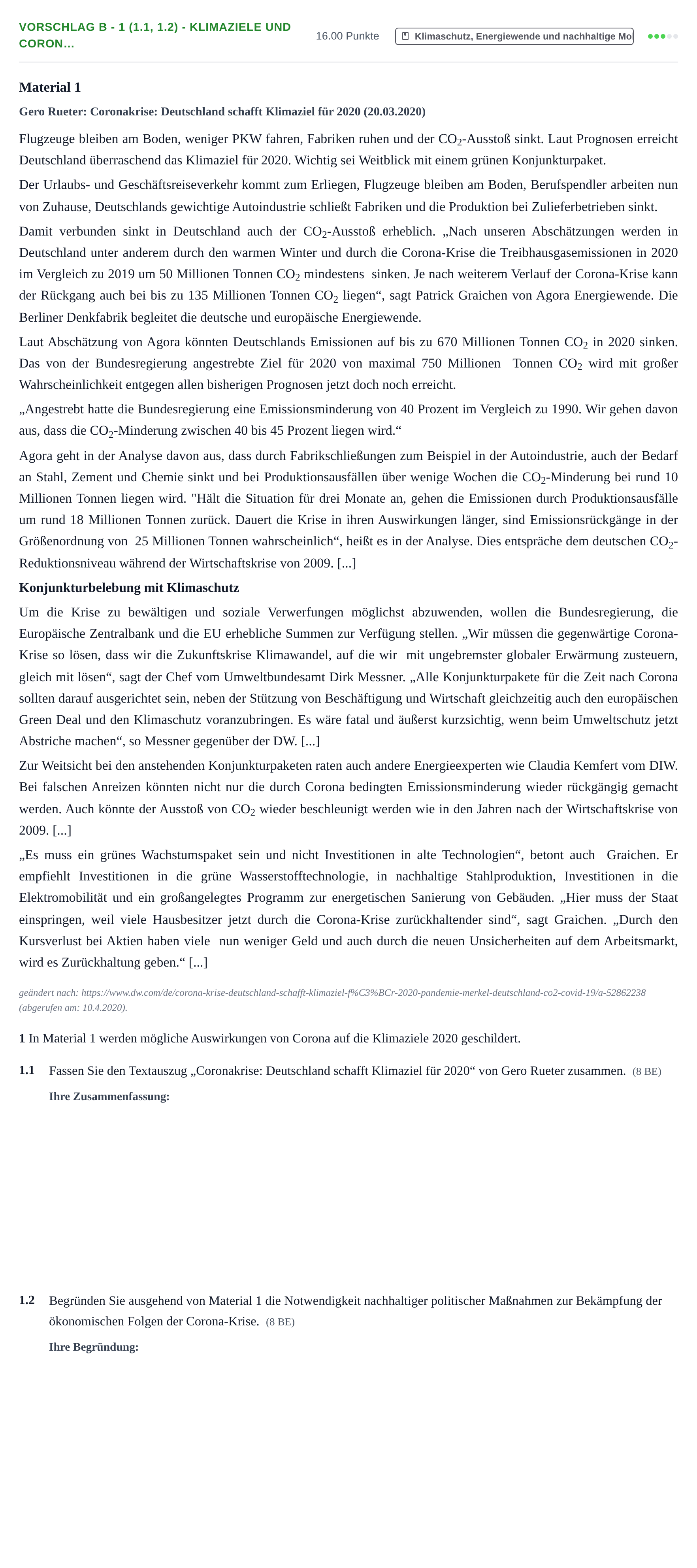 Aufgabenstellung: Aufgabe Vorschlag B - 1 (1.1, 1.2) - Klimaziele und Coron… · Abitur Hessen Umweltökonomie GK 2021