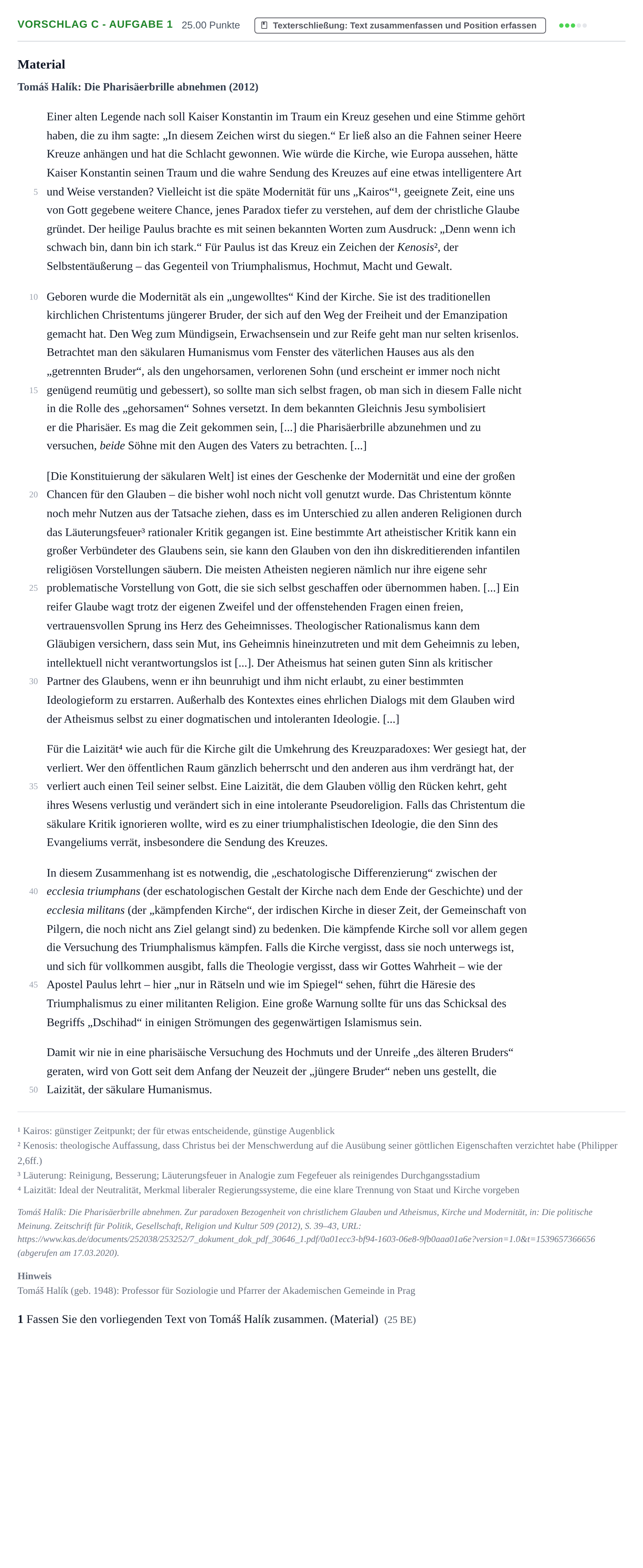 Aufgabenstellung: Aufgabe Vorschlag C - Aufgabe 1 · Abitur Hessen Katholische Religion LK 2021