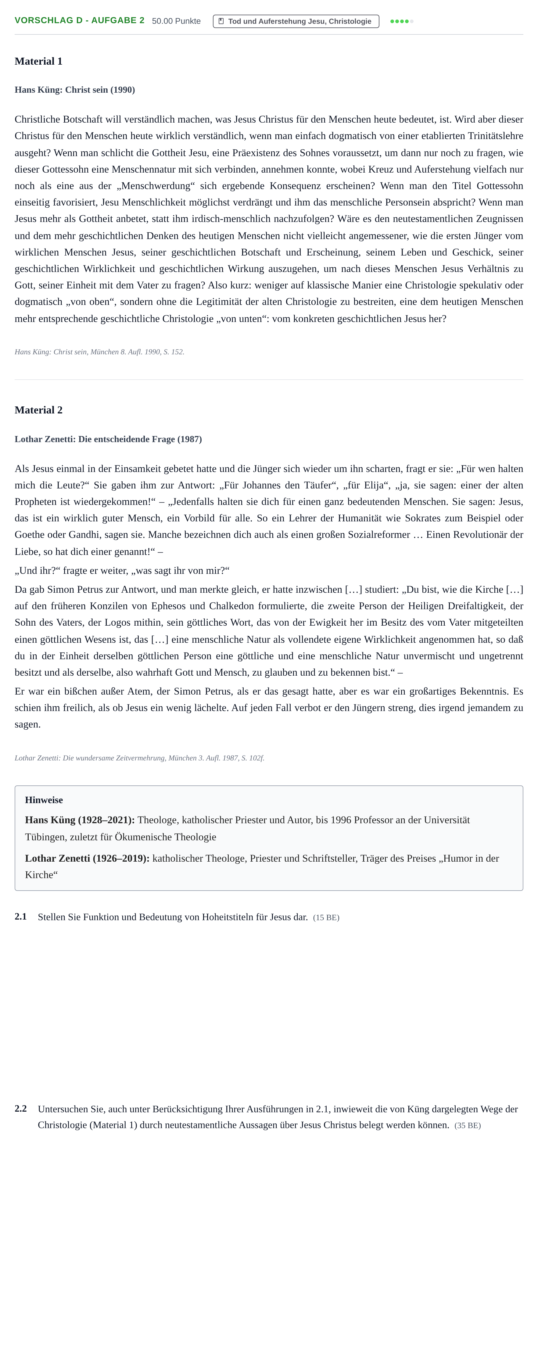 Aufgabenstellung: Aufgabe Vorschlag D - Aufgabe 2 · Abitur Hessen Katholische Religion LK 2021