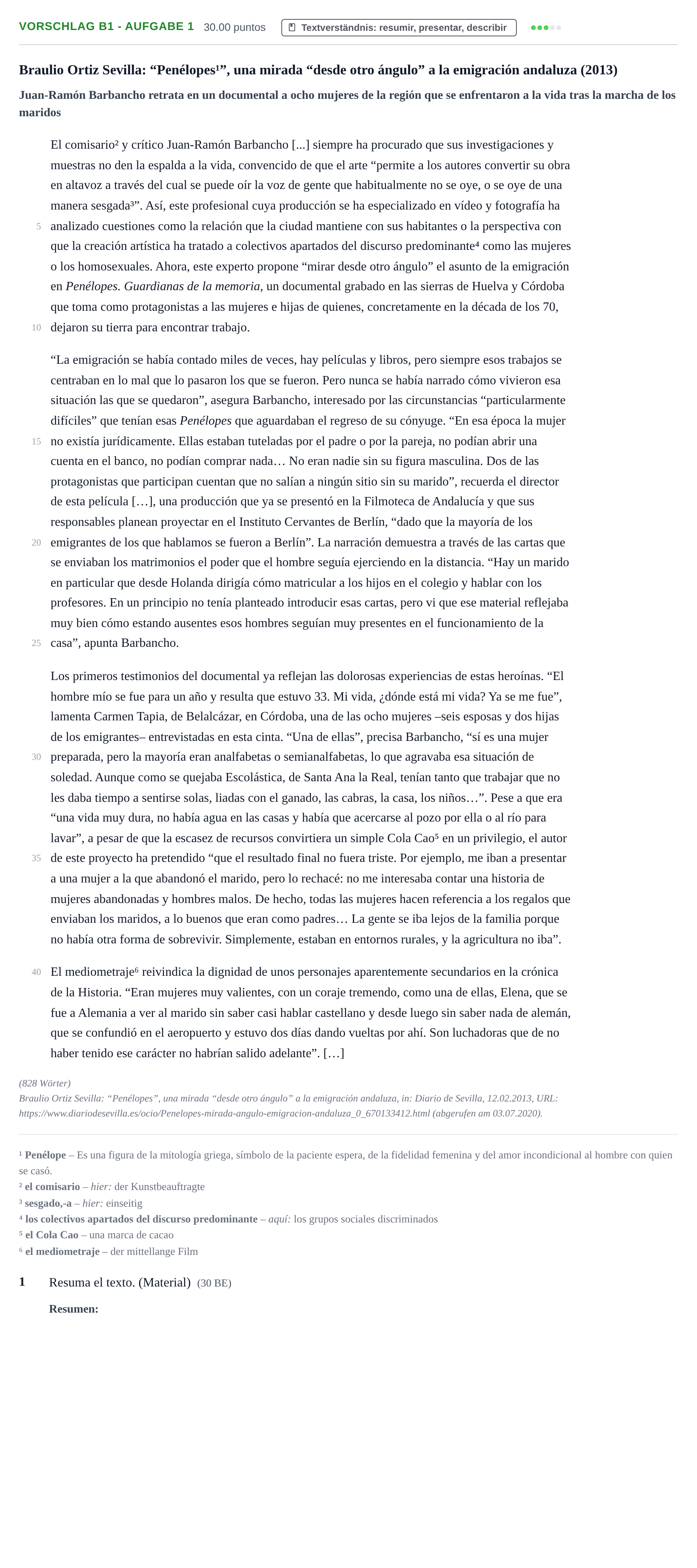 Aufgabenstellung: Aufgabe Vorschlag B1 - Aufgabe 1 · Abitur Hessen Spanisch LK 2021