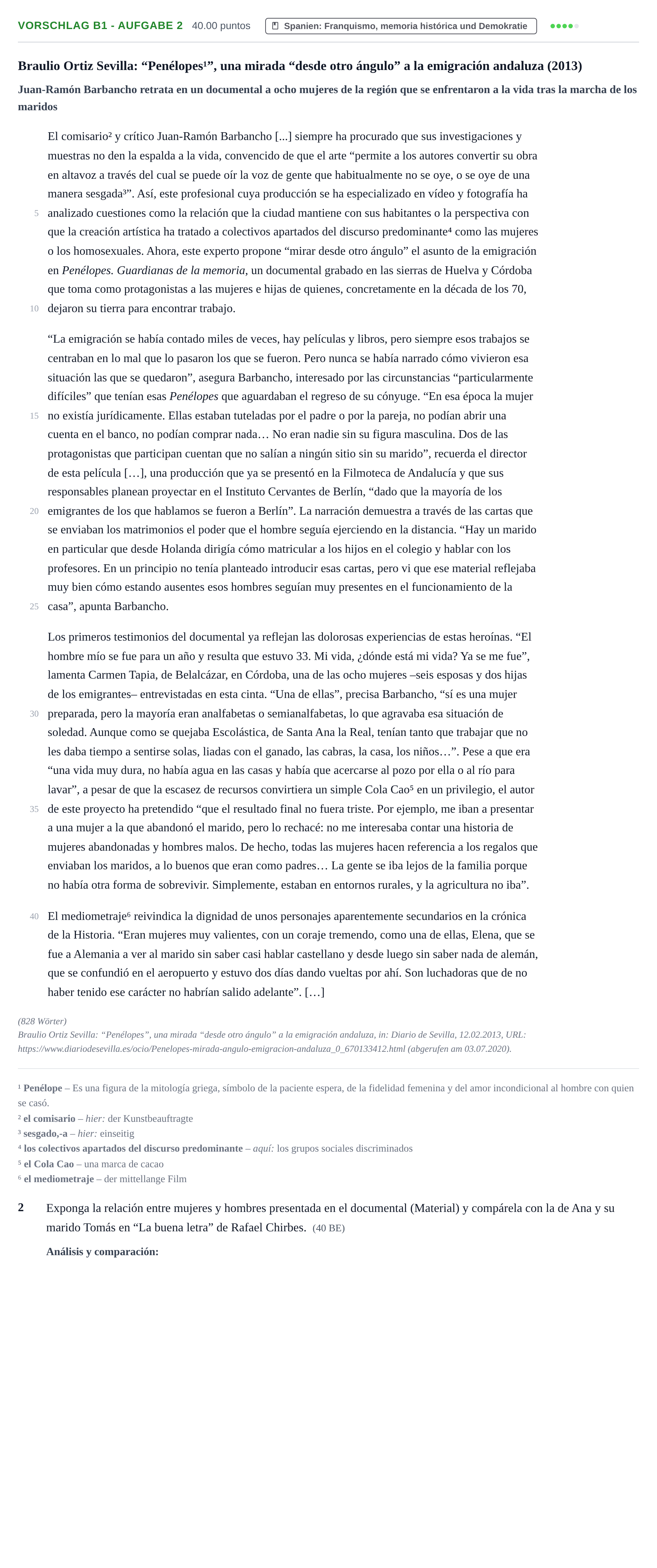 Aufgabenstellung: Aufgabe Vorschlag B1 - Aufgabe 2 · Abitur Hessen Spanisch LK 2021