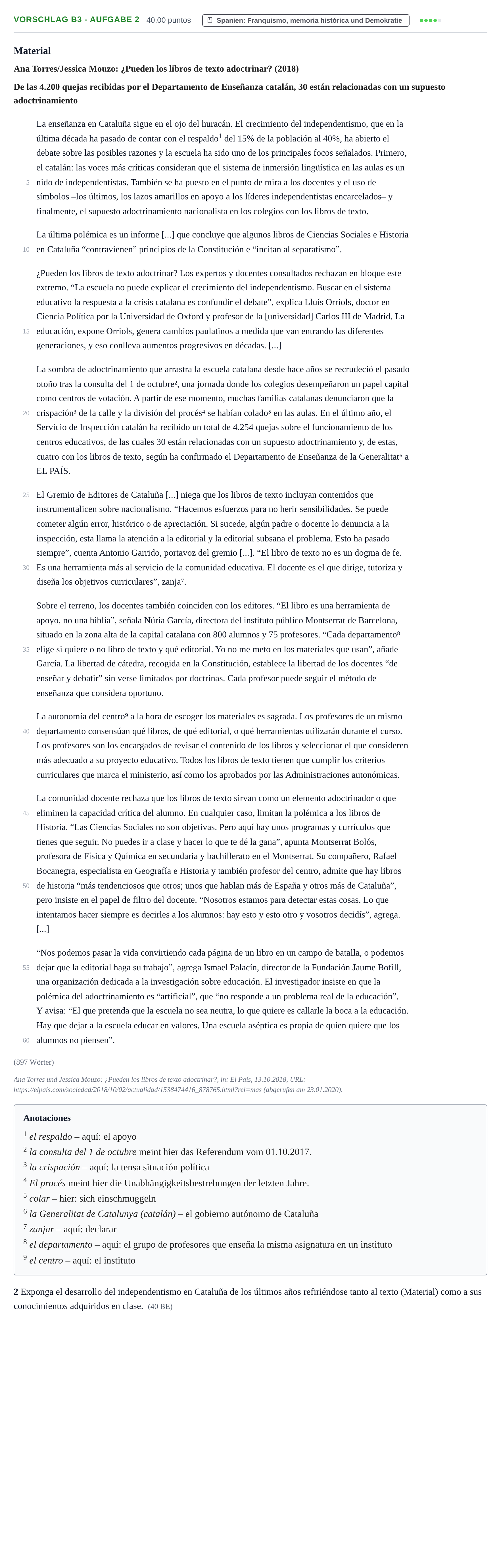 Aufgabenstellung: Aufgabe Vorschlag B3 - Aufgabe 2 · Abitur Hessen Spanisch LK 2021