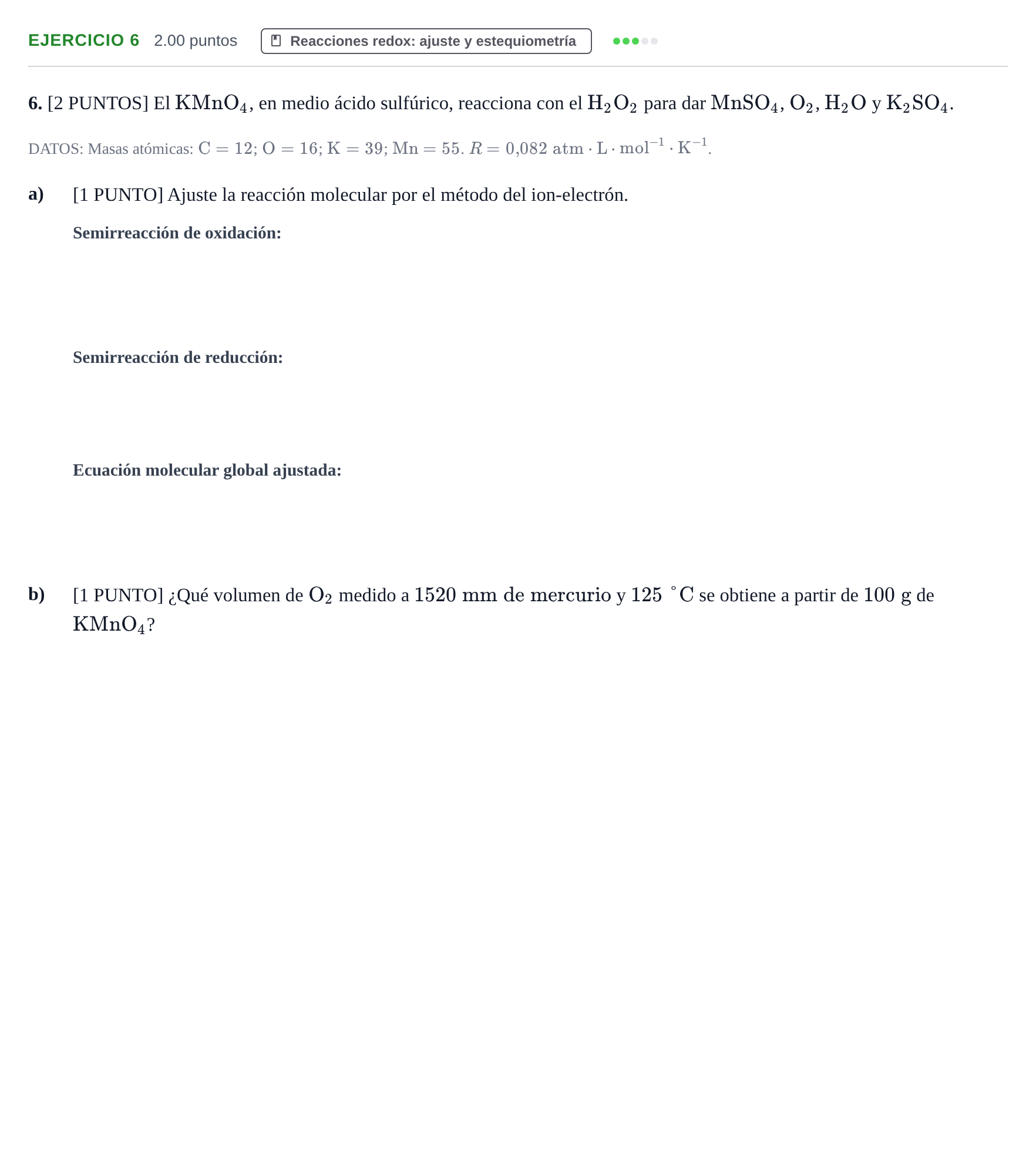 Enunciado: Problema 6 · Química PAU Cantabria Extraordinaria 2021