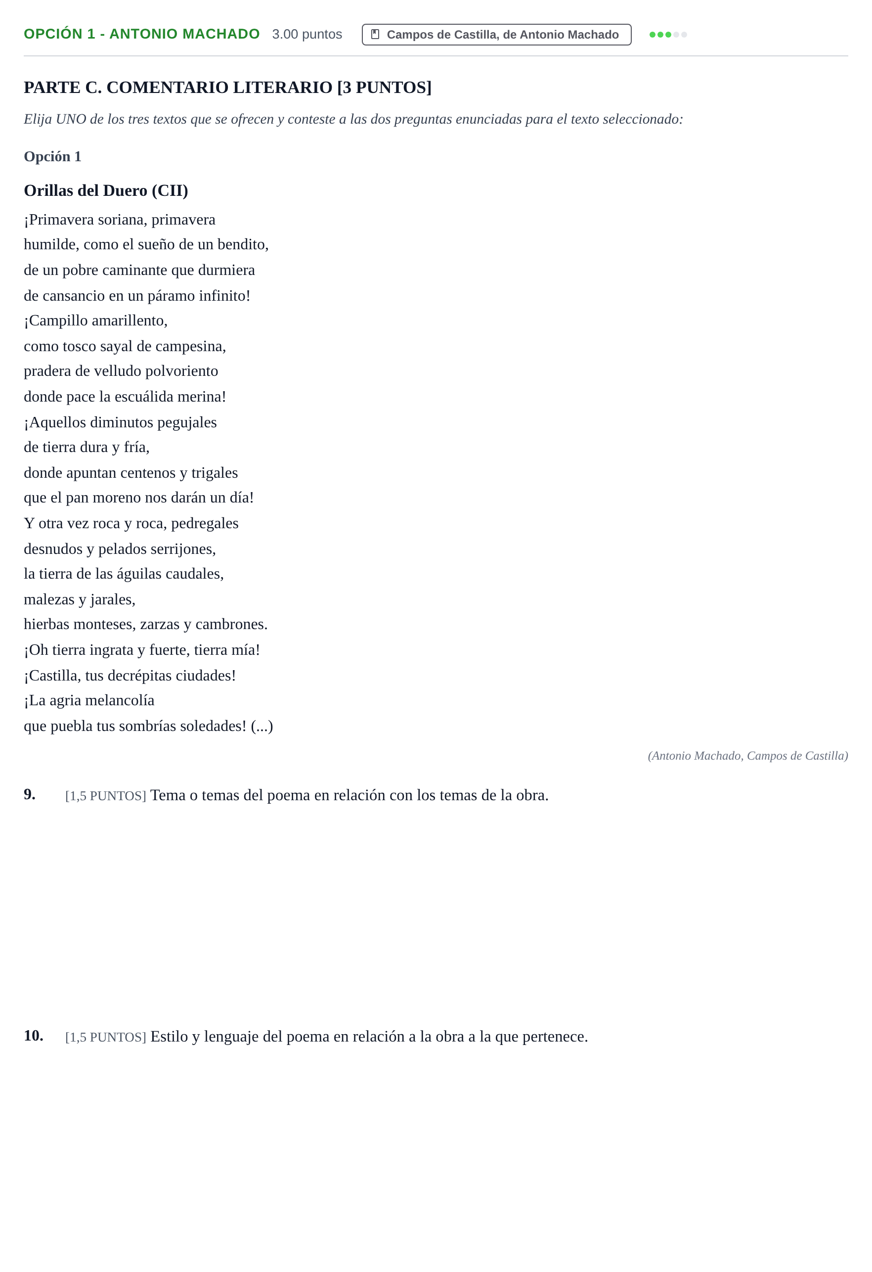 Enunciado: Opción 1 - Antonio Machado · Lengua Castellana y Literatura II PAU Cantabria Extraordinaria 2021