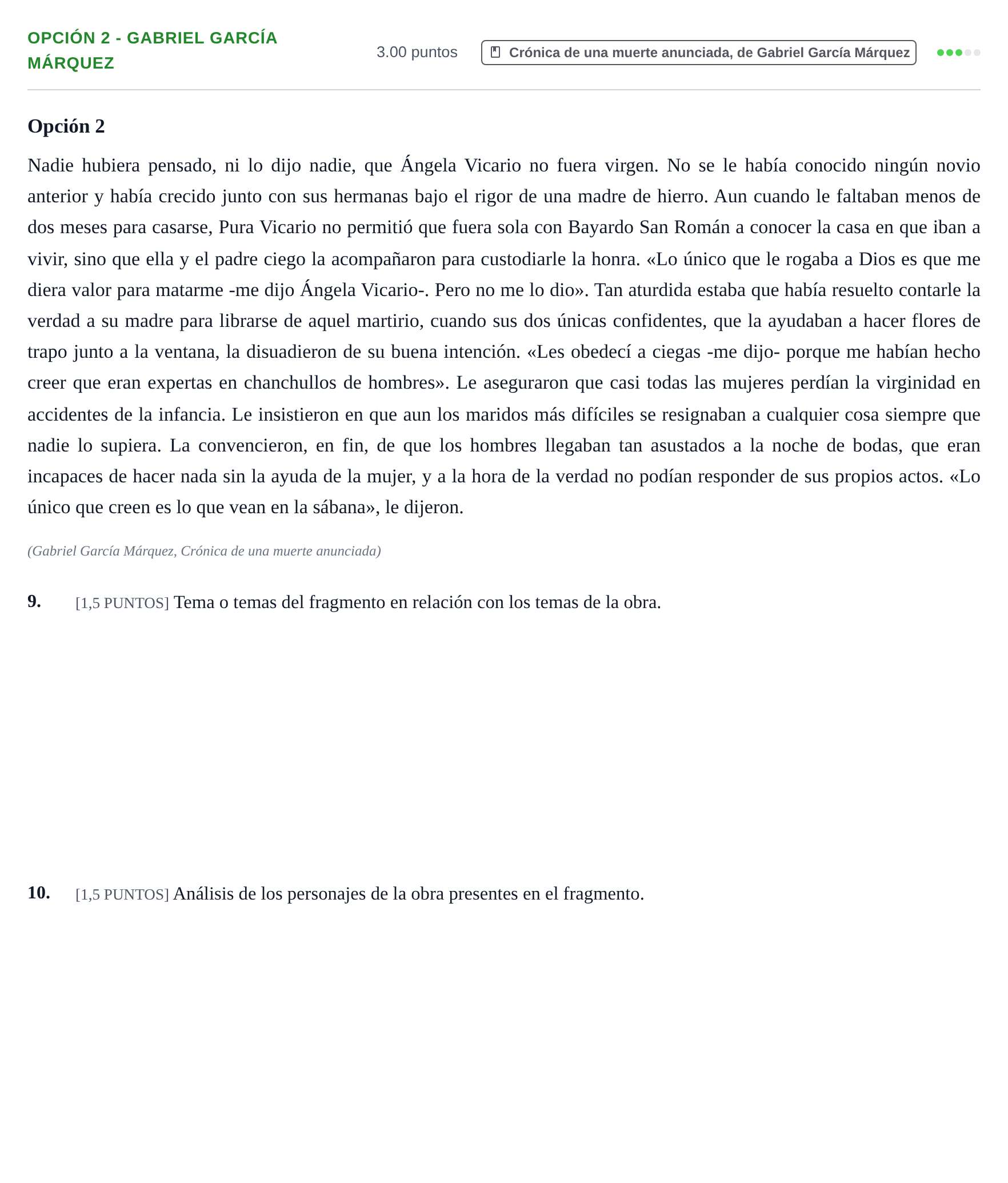 Enunciado: Opción 2 - Gabriel García Márquez · Lengua Castellana y Literatura II PAU Cantabria Extraordinaria 2021