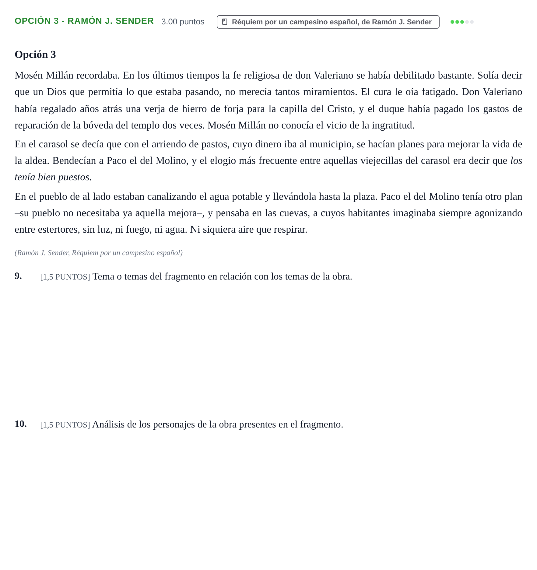 Enunciado: Opción 3 - Ramón J. Sender · Lengua Castellana y Literatura II PAU Cantabria Extraordinaria 2021