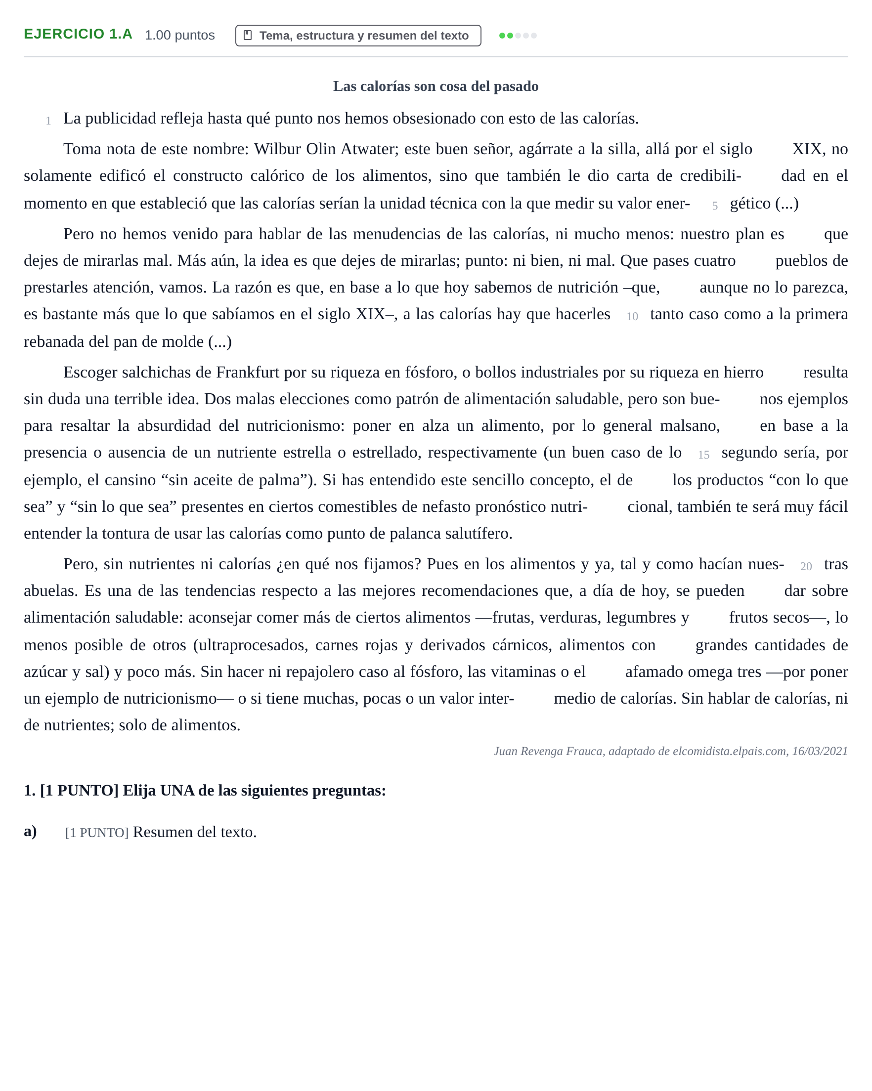 Enunciado: Ejercicio 1.a · Lengua Castellana y Literatura II PAU Cantabria Extraordinaria 2021