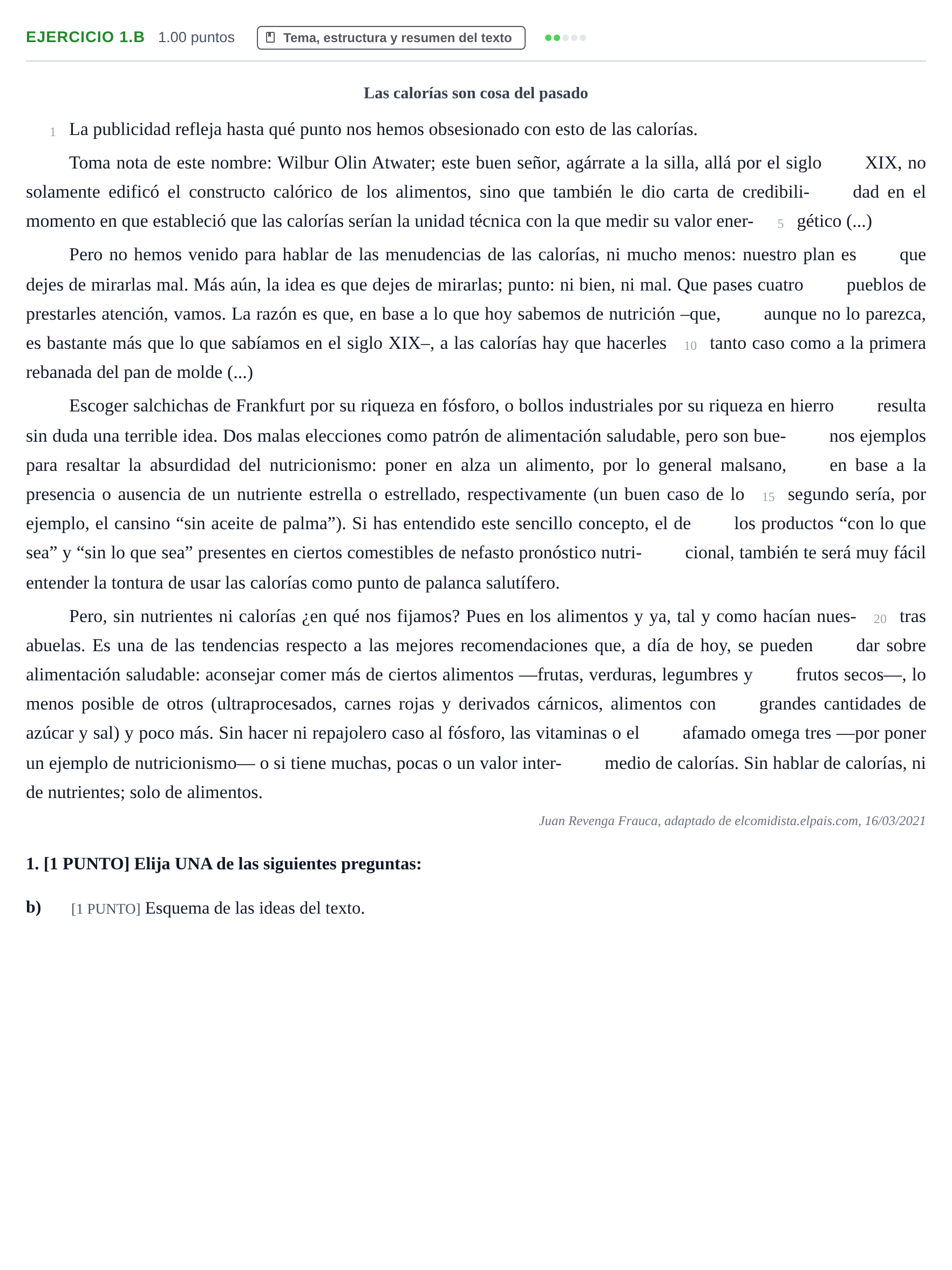 Enunciado: Ejercicio 1.b · Lengua Castellana y Literatura II PAU Cantabria Extraordinaria 2021
