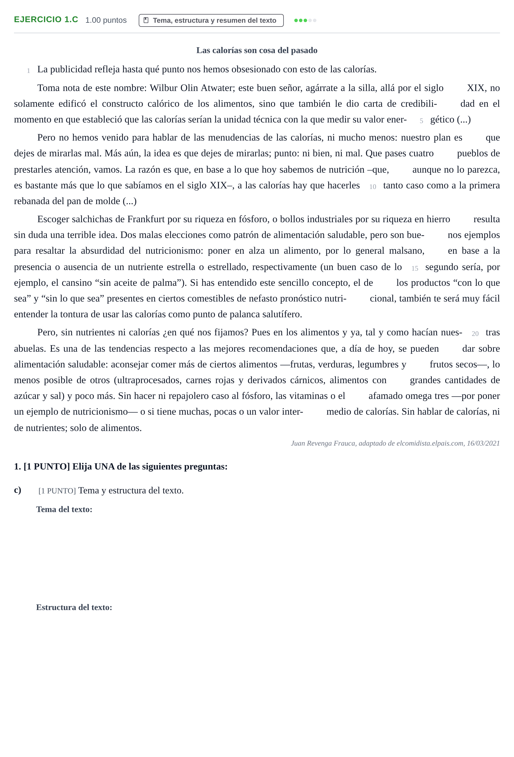 Enunciado: Ejercicio 1.c · Lengua Castellana y Literatura II PAU Cantabria Extraordinaria 2021