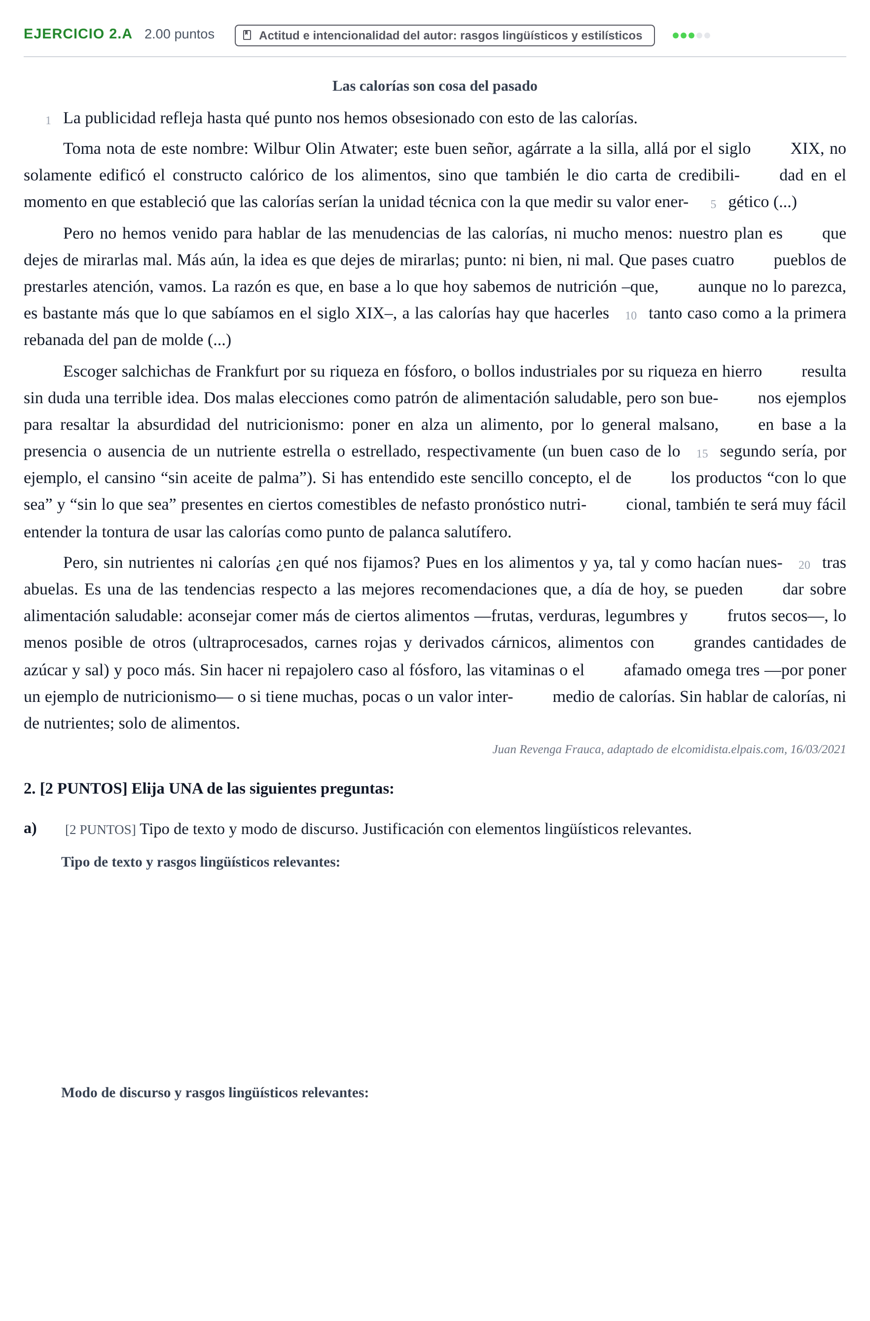 Enunciado: Ejercicio 2.a · Lengua Castellana y Literatura II PAU Cantabria Extraordinaria 2021