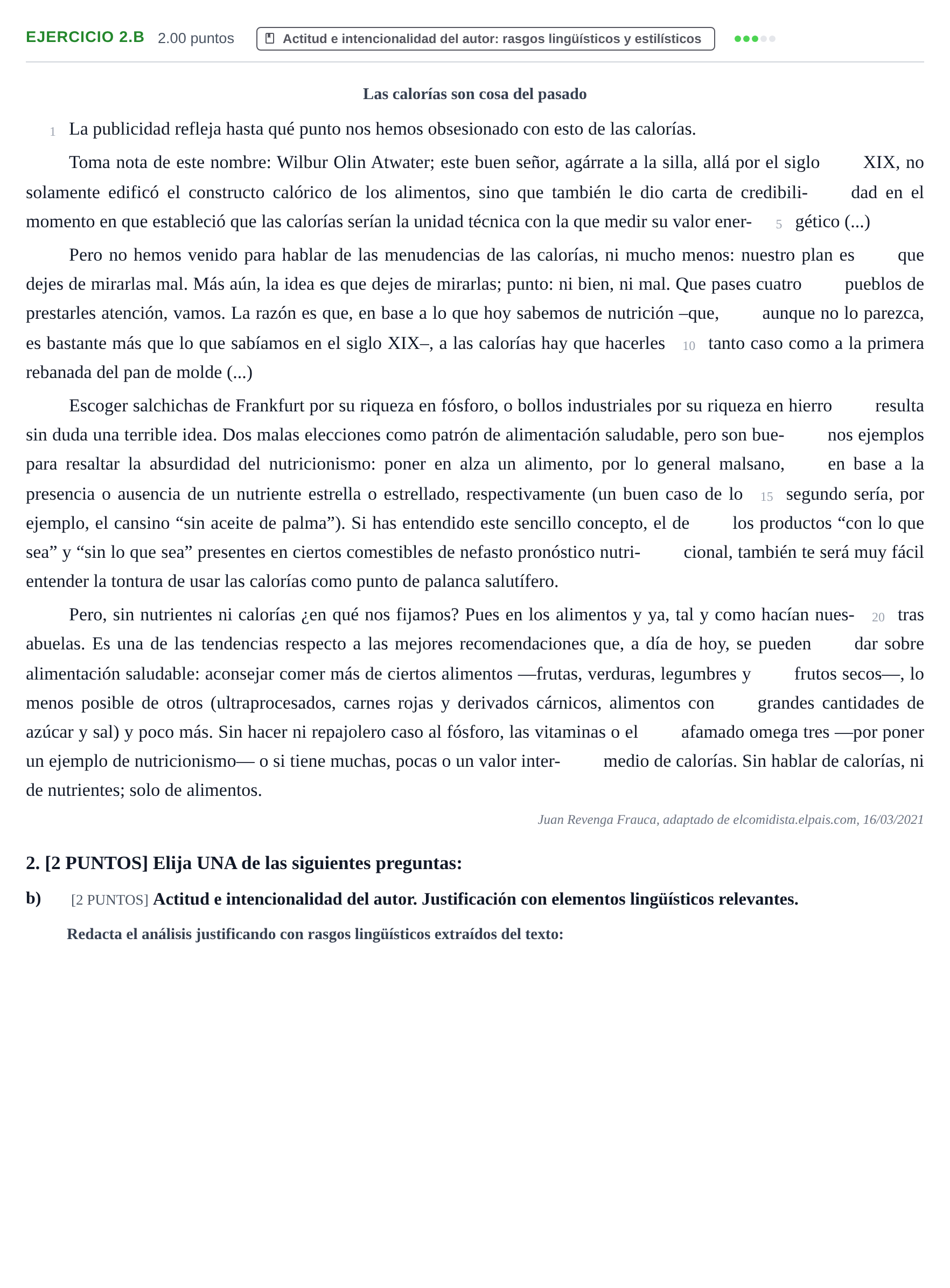 Enunciado: Ejercicio 2.b · Lengua Castellana y Literatura II PAU Cantabria Extraordinaria 2021