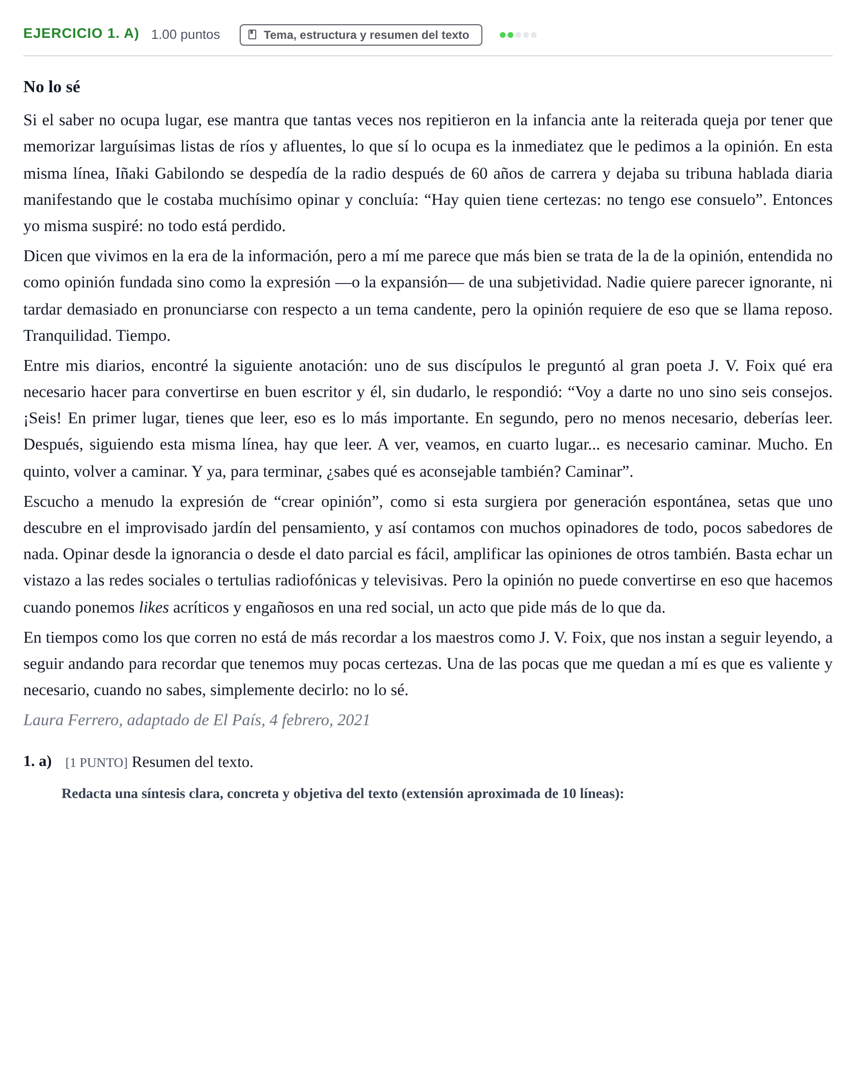 Enunciado: Ejercicio 1. a) · Lengua Castellana y Literatura II PAU Cantabria Ordinaria 2021