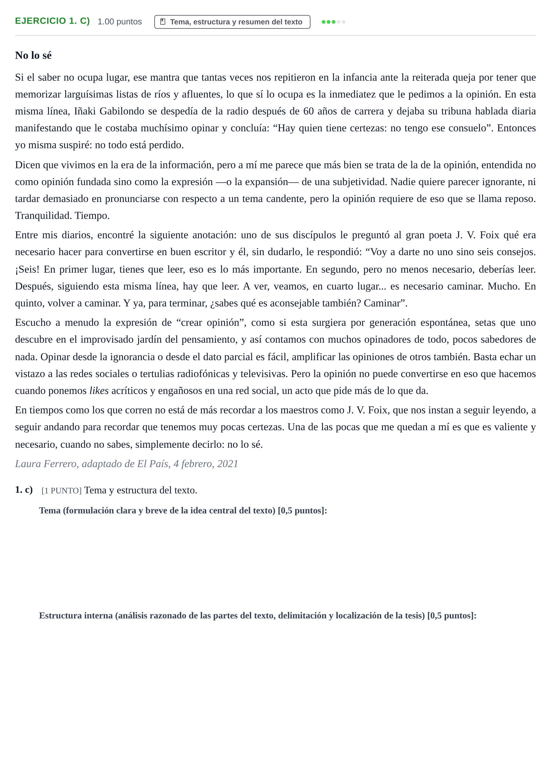 Enunciado: Ejercicio 1. c) · Lengua Castellana y Literatura II PAU Cantabria Ordinaria 2021