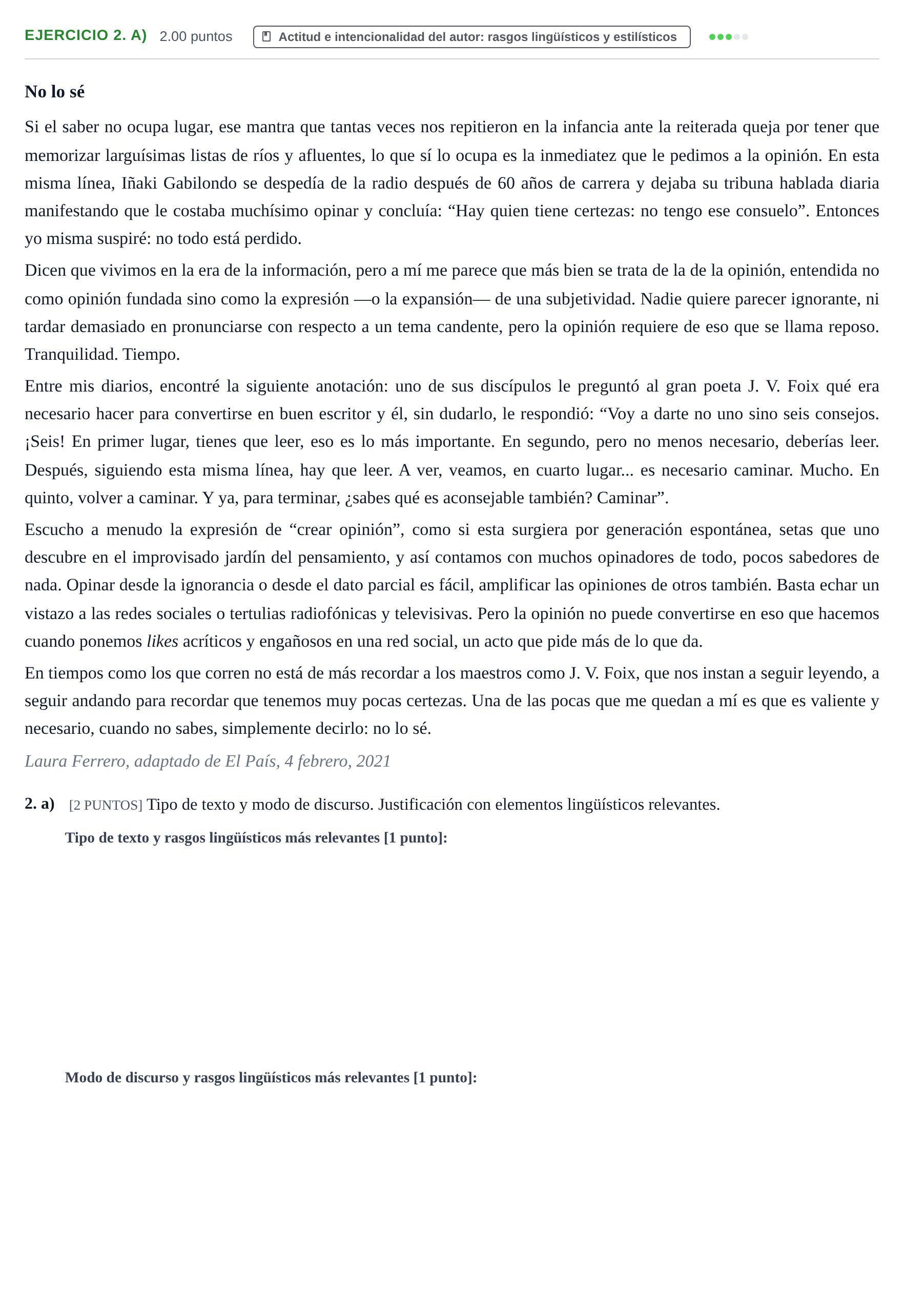 Enunciado: Ejercicio 2. a) · Lengua Castellana y Literatura II PAU Cantabria Ordinaria 2021