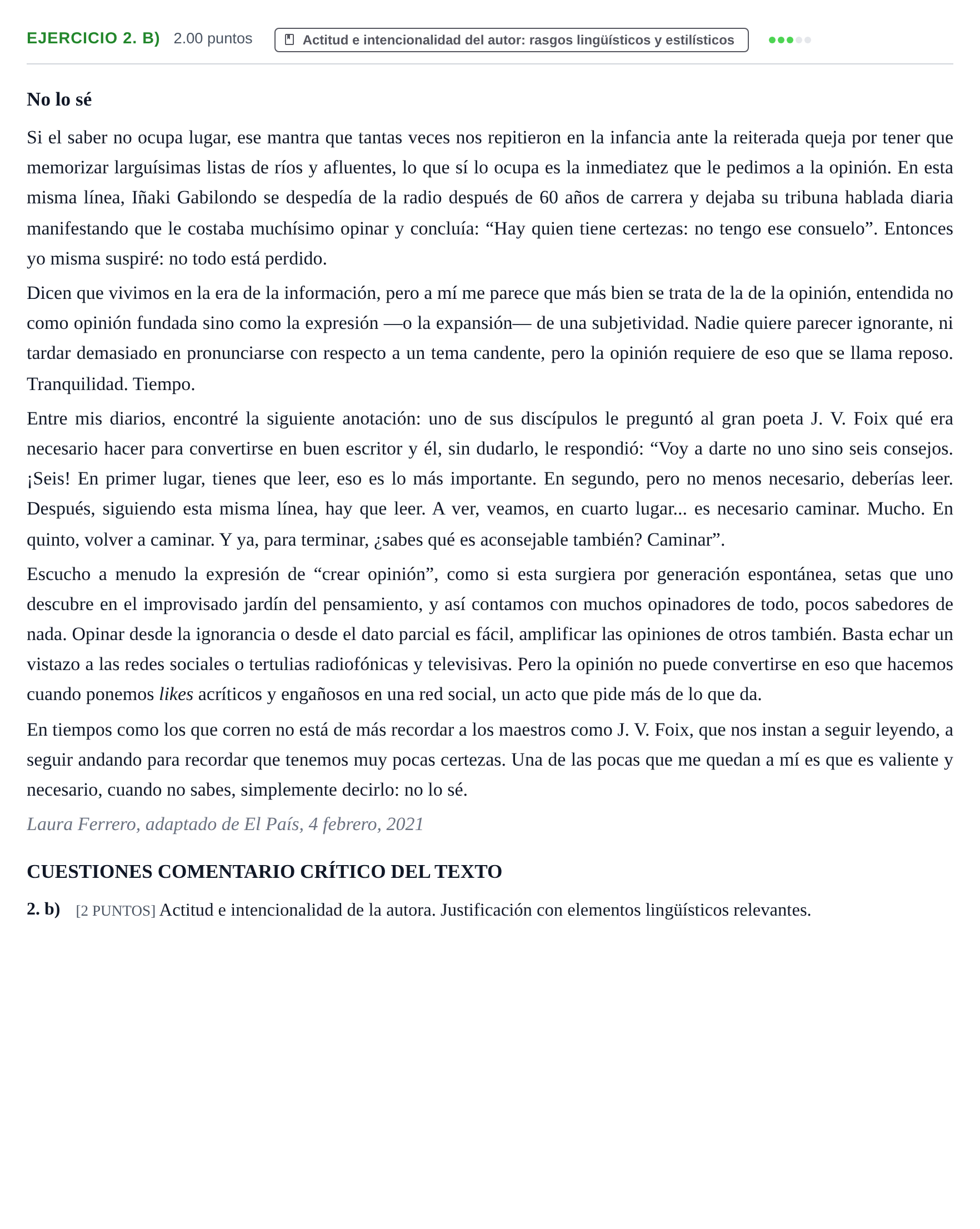 Enunciado: Ejercicio 2. b) · Lengua Castellana y Literatura II PAU Cantabria Ordinaria 2021