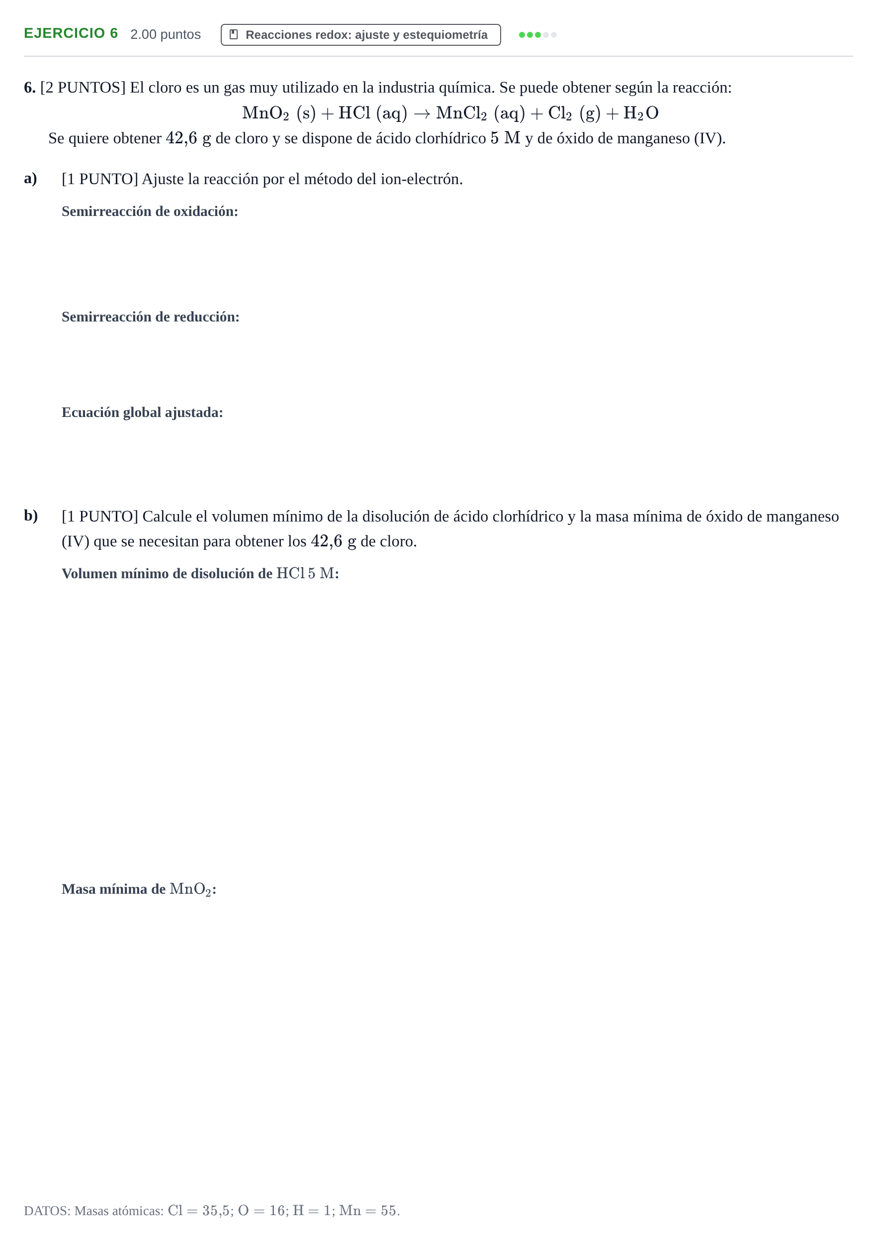 Enunciado: Problema 6 · Química PAU Cantabria Ordinaria 2021