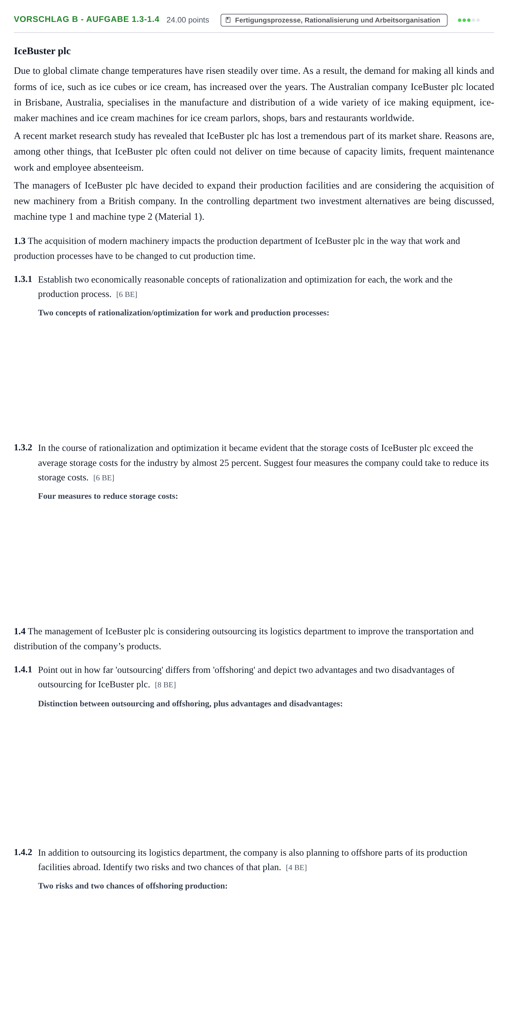 Aufgabenstellung: Aufgabe Vorschlag B - Aufgabe 1.3-1.4 · Abitur Hessen Wirtschaftslehre LK · bilingual Englisch 2021