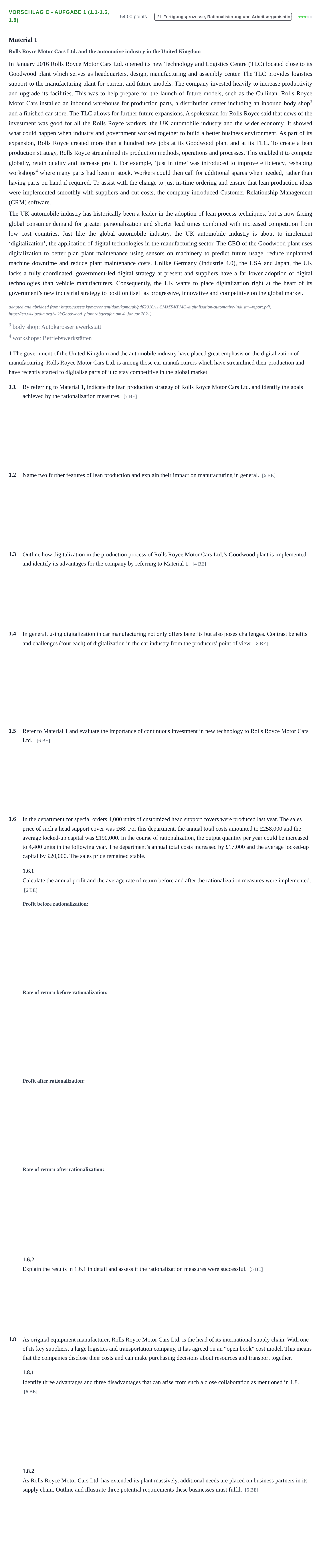 Aufgabenstellung: Aufgabe Vorschlag C - Aufgabe 1 (1.1-1.6, 1.8) · Abitur Hessen Wirtschaftslehre LK · bilingual Englisch 2021