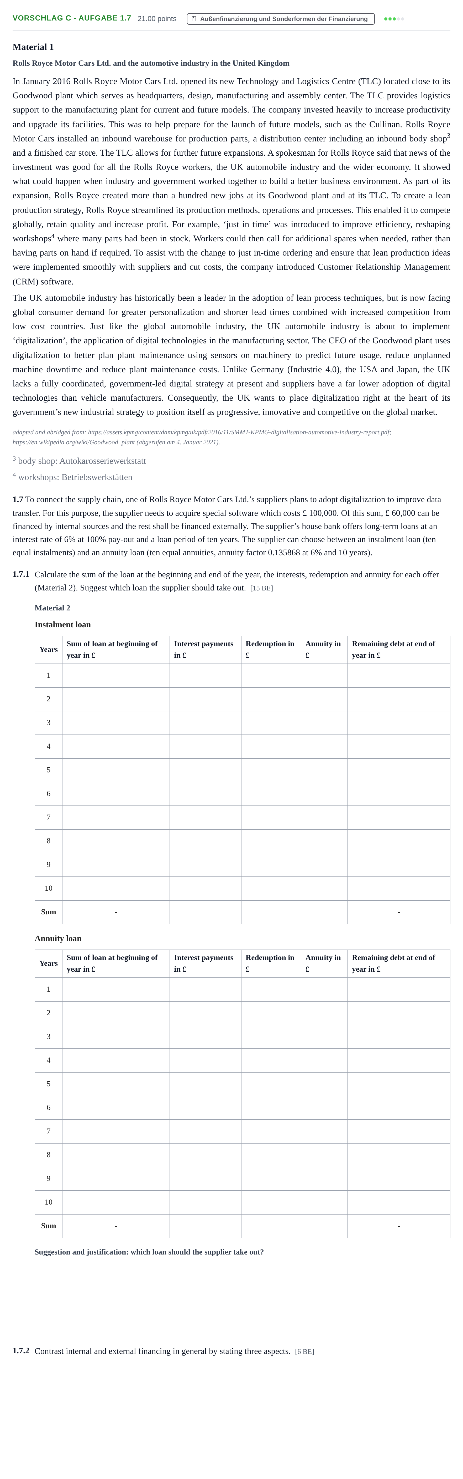 Aufgabenstellung: Aufgabe Vorschlag C - Aufgabe 1.7 · Abitur Hessen Wirtschaftslehre LK · bilingual Englisch 2021