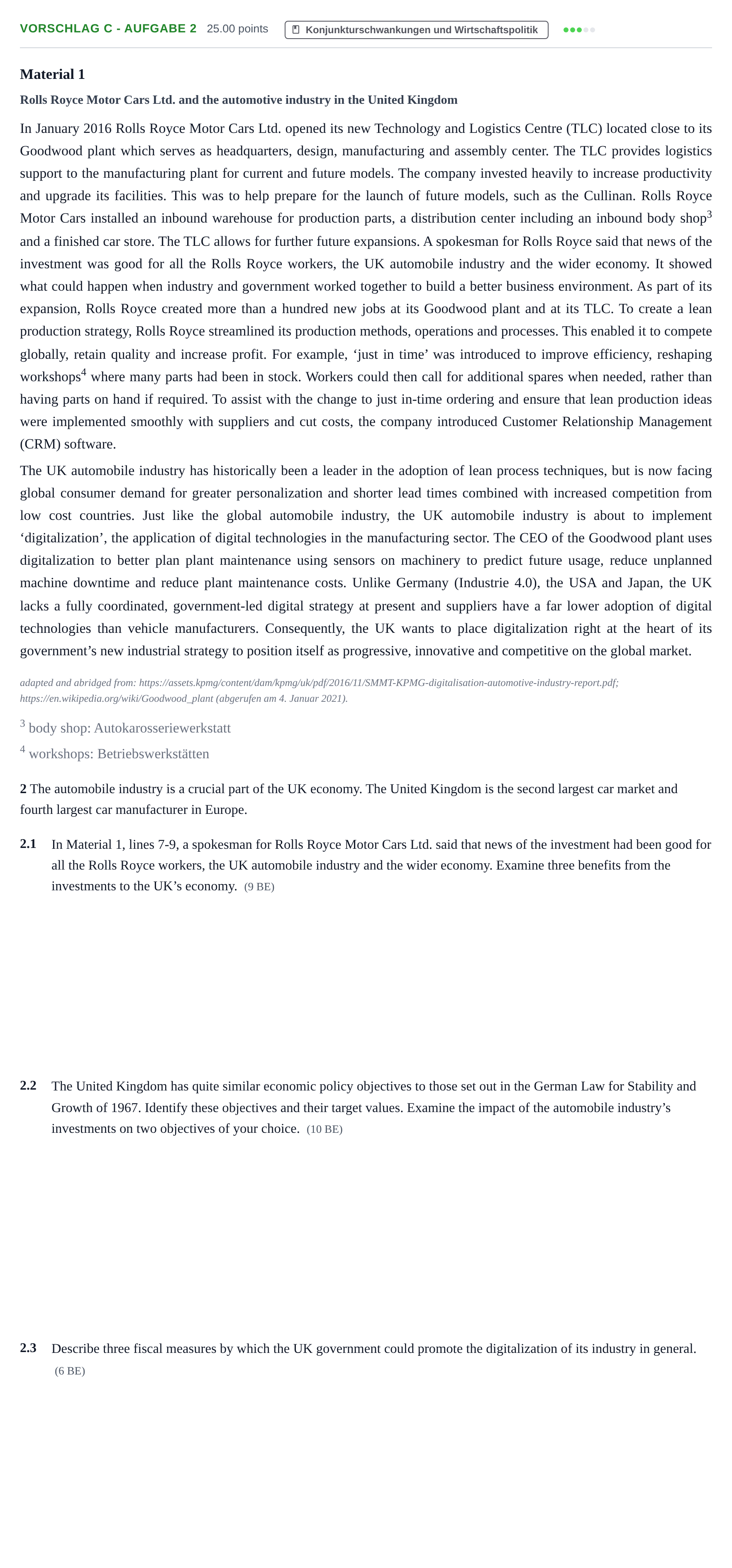 Aufgabenstellung: Aufgabe Vorschlag C - Aufgabe 2 · Abitur Hessen Wirtschaftslehre LK · bilingual Englisch 2021