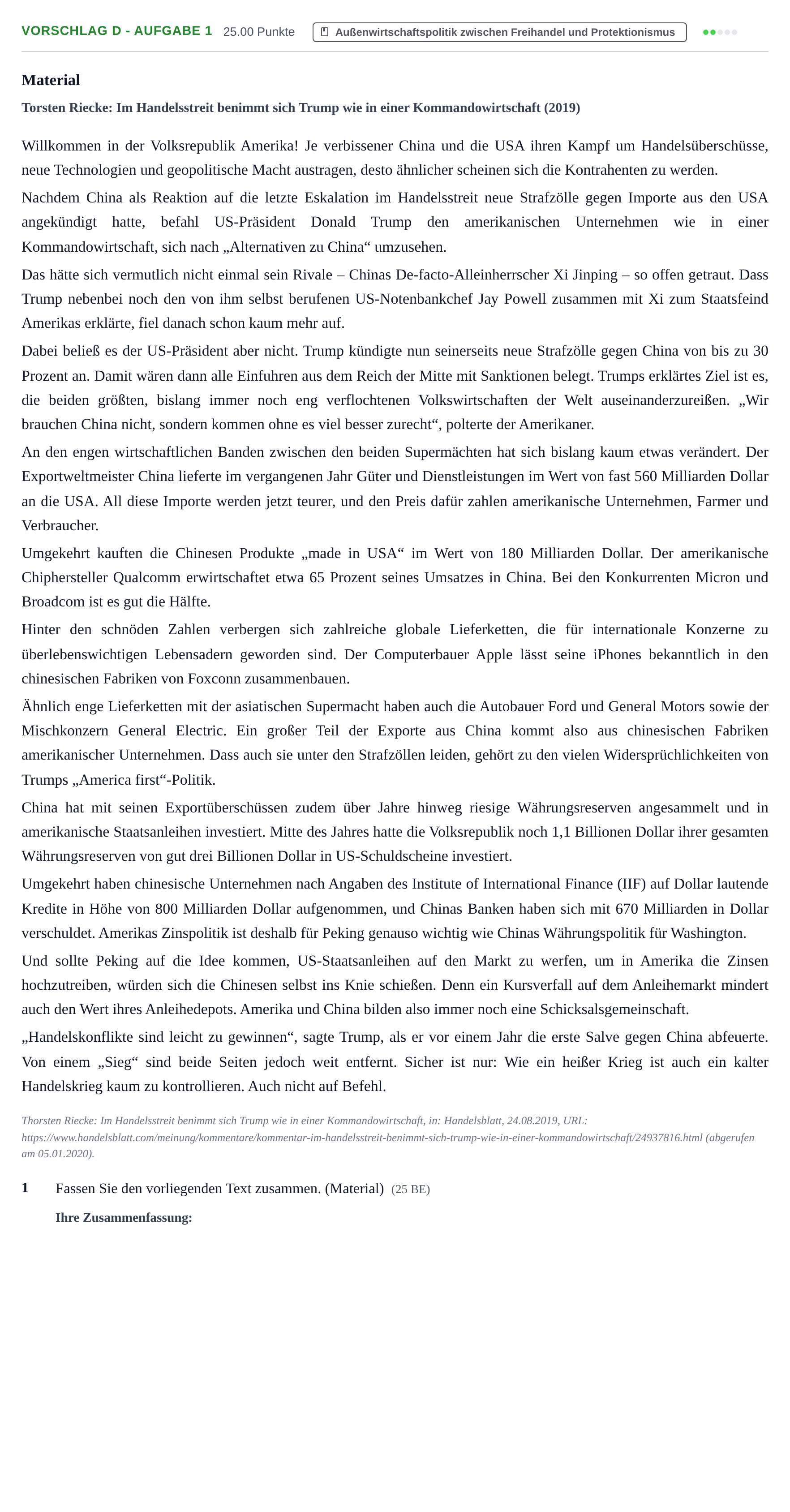 Aufgabenstellung: Aufgabe Vorschlag D - Aufgabe 1 · Abitur Hessen Wirtschaftswissenschaften GK 2021