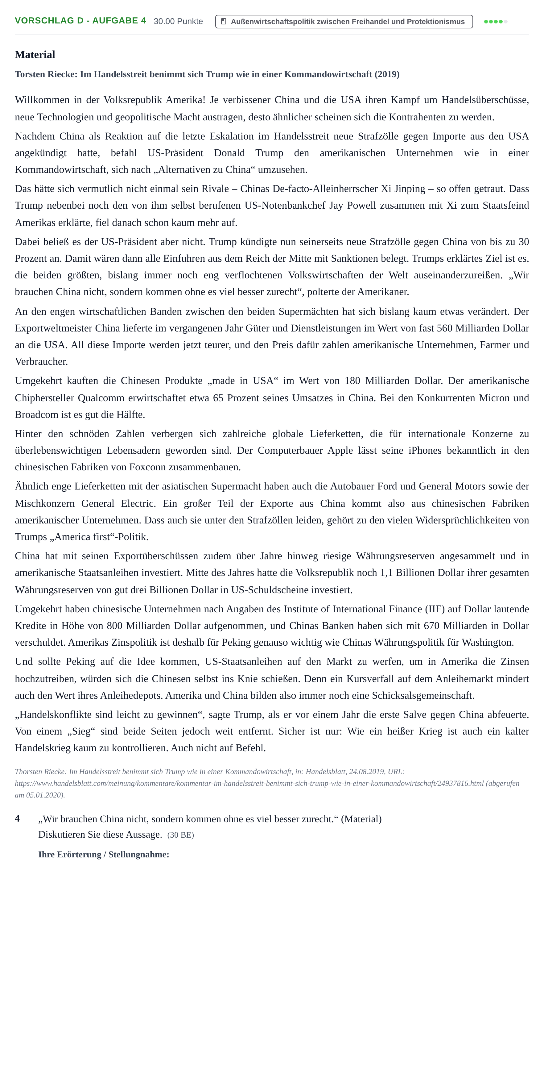 Aufgabenstellung: Aufgabe Vorschlag D - Aufgabe 4 · Abitur Hessen Wirtschaftswissenschaften GK 2021