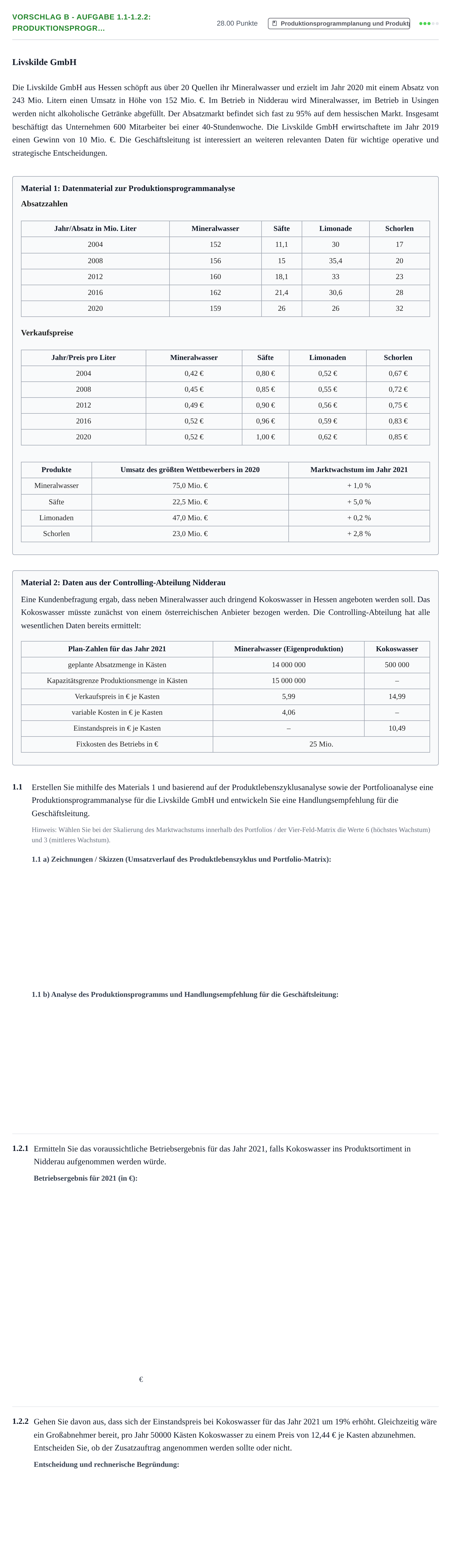 Aufgabenstellung: Aufgabe Vorschlag B - Aufgabe 1.1-1.2.2: Produktionsprogr… · Abitur Hessen Wirtschaftslehre LK 2021