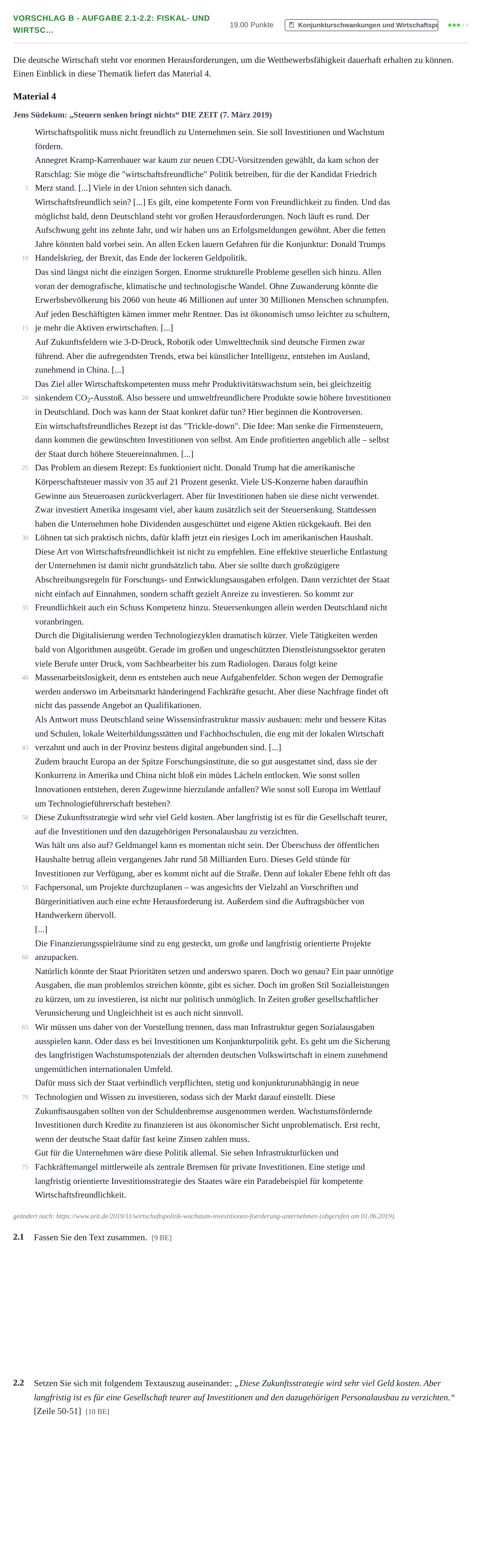 Aufgabenstellung: Aufgabe Vorschlag B - Aufgabe 2.1-2.2: Fiskal- und Wirtsc… · Abitur Hessen Wirtschaftslehre LK 2021