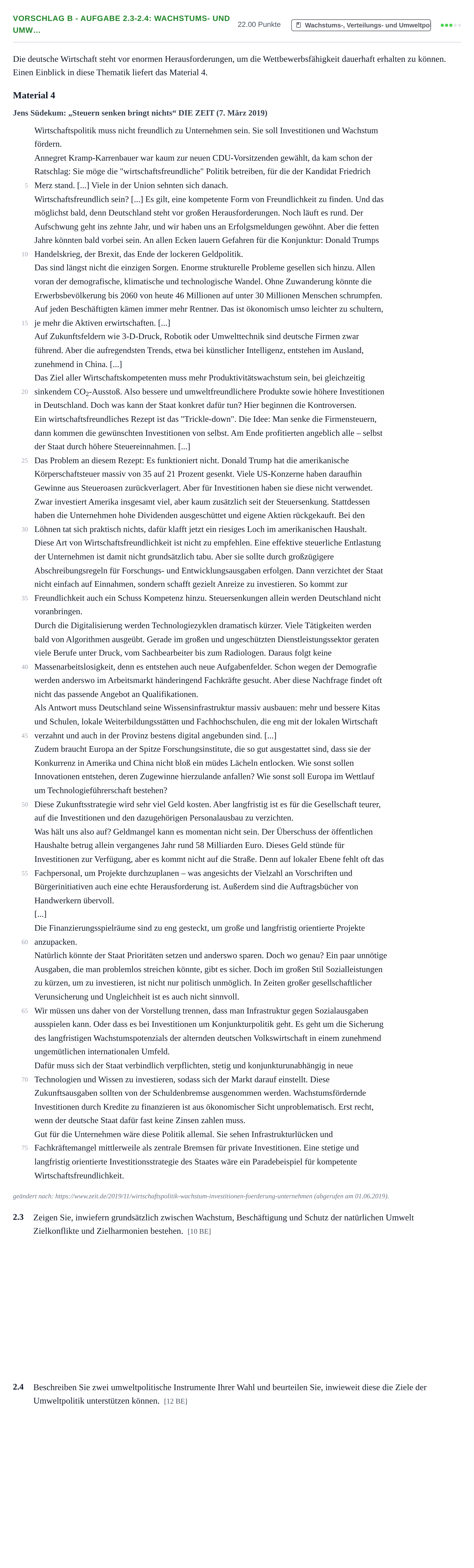 Aufgabenstellung: Aufgabe Vorschlag B - Aufgabe 2.3-2.4: Wachstums- und Umw… · Abitur Hessen Wirtschaftslehre LK 2021
