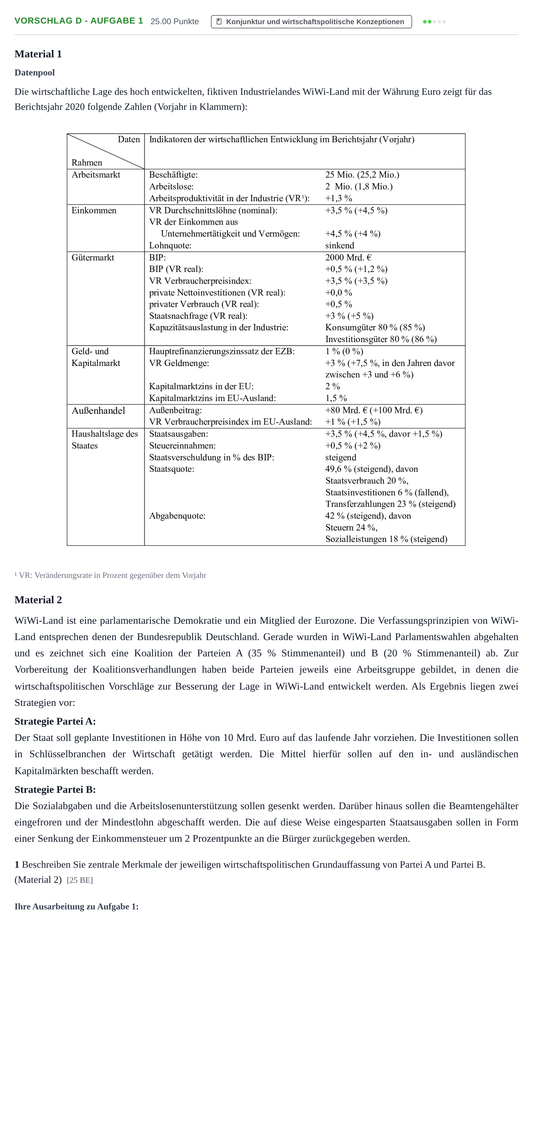Aufgabenstellung: Aufgabe Vorschlag D - Aufgabe 1 · Abitur Hessen Wirtschaftswissenschaften LK 2021