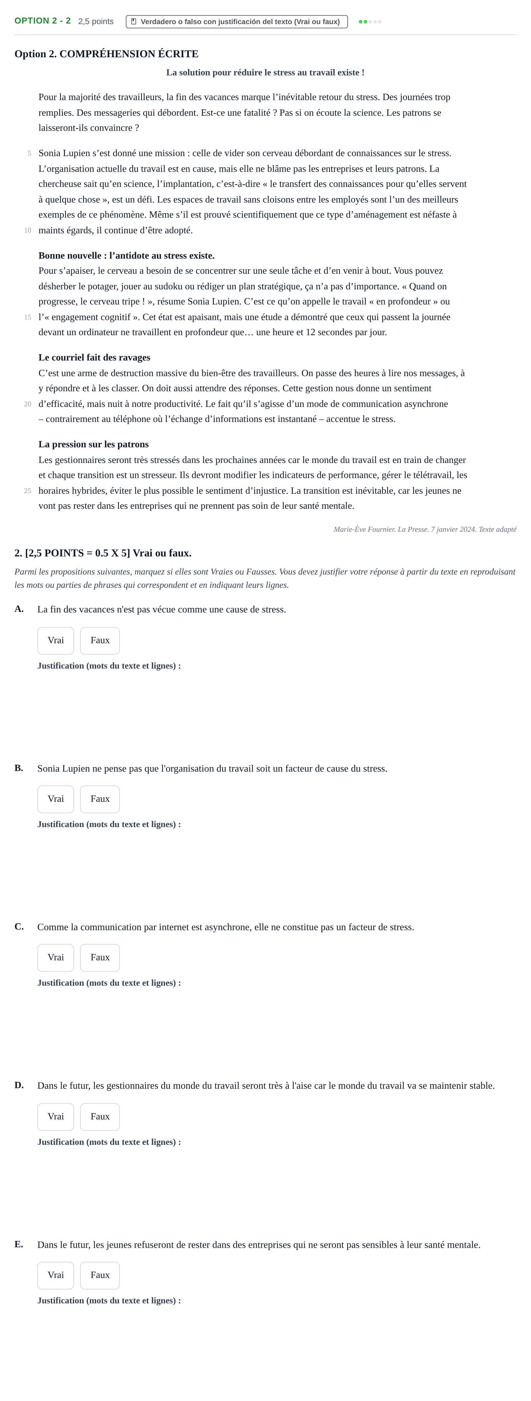 Enunciado: Ejercicio Option 2 - 2 · Francés PAU Cantabria Extraordinaria 2024