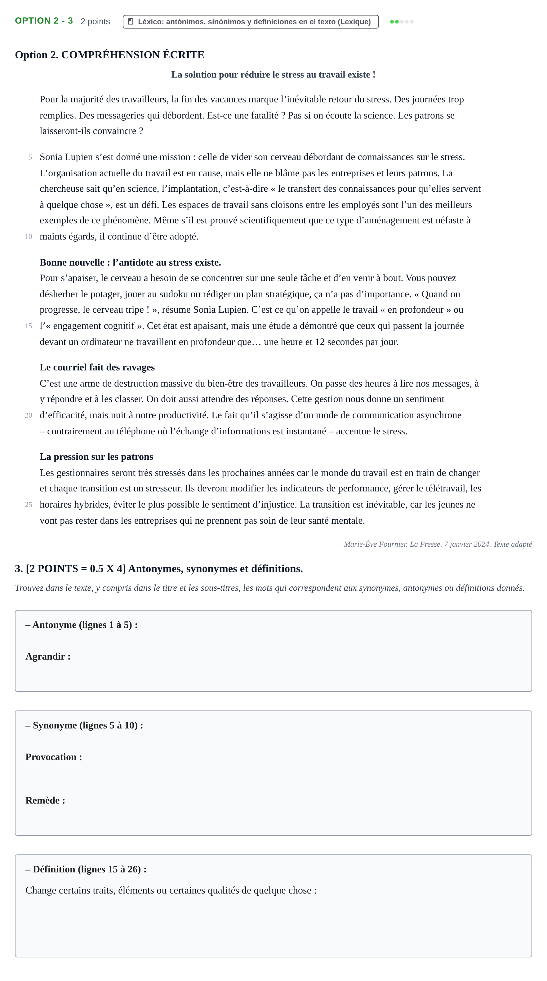 Enunciado: Ejercicio Option 2 - 3 · Francés PAU Cantabria Extraordinaria 2024